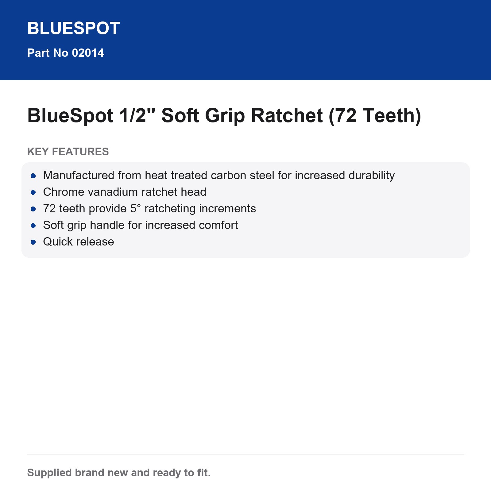 BlueSpot 1/2" Ratchet 72T Quick Release Soft Grip Chrome Vanadium - Image 4