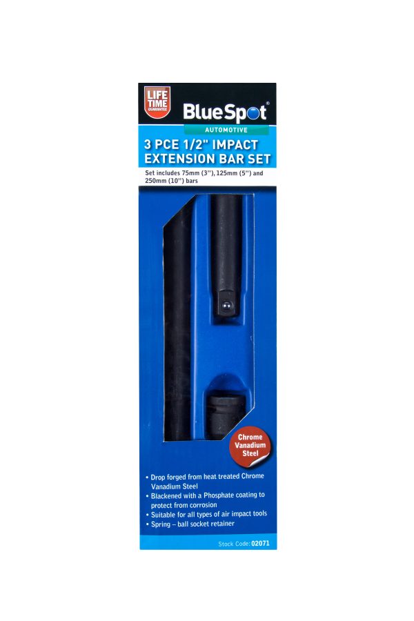 Bluespot 1/2″ Impact Extension Bar Set 3pc CrV Air Tool 75/125/250mm