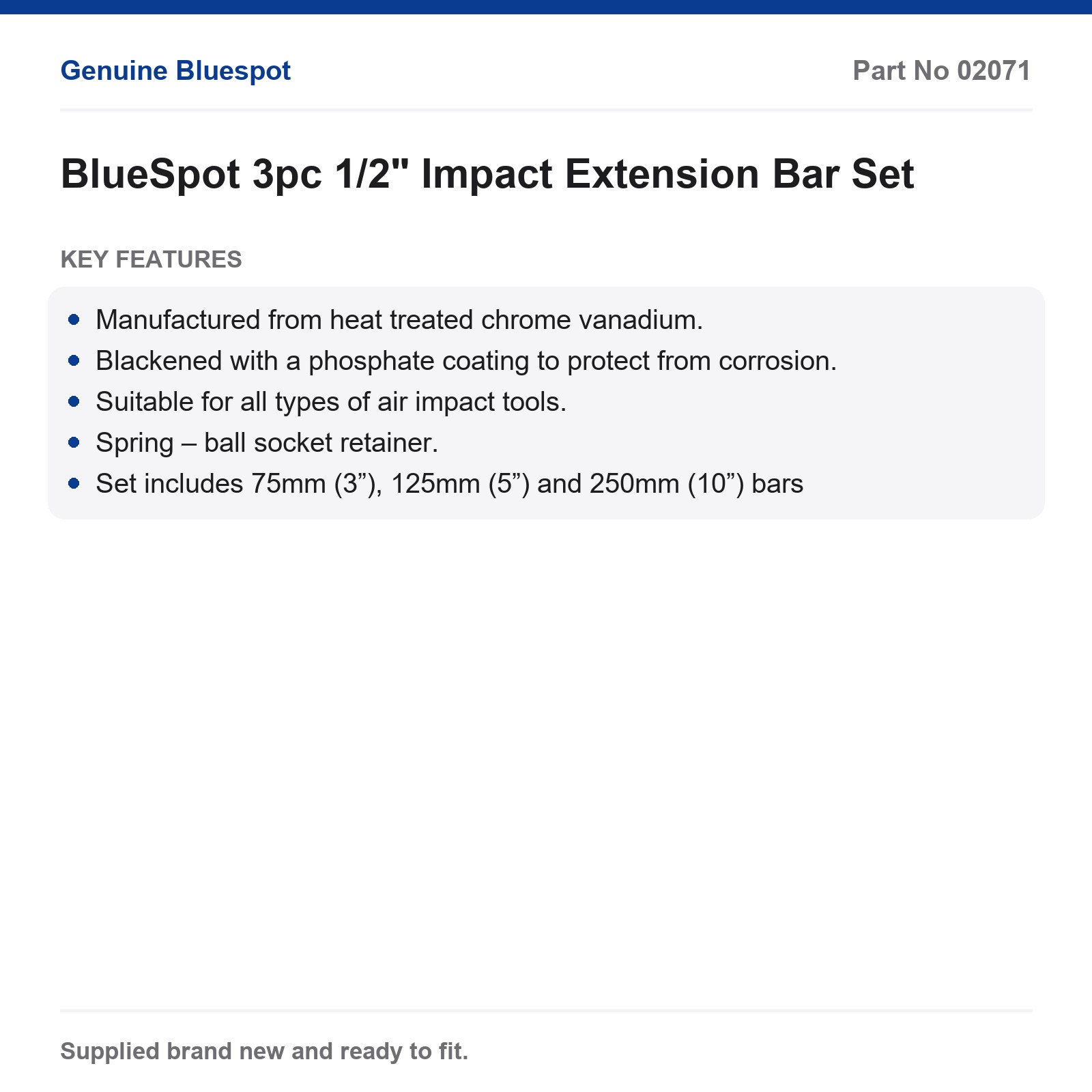 Bluespot 1/2" Impact Extension Bar Set 3pc CrV Air Tool 75/125/250mm - Image 3