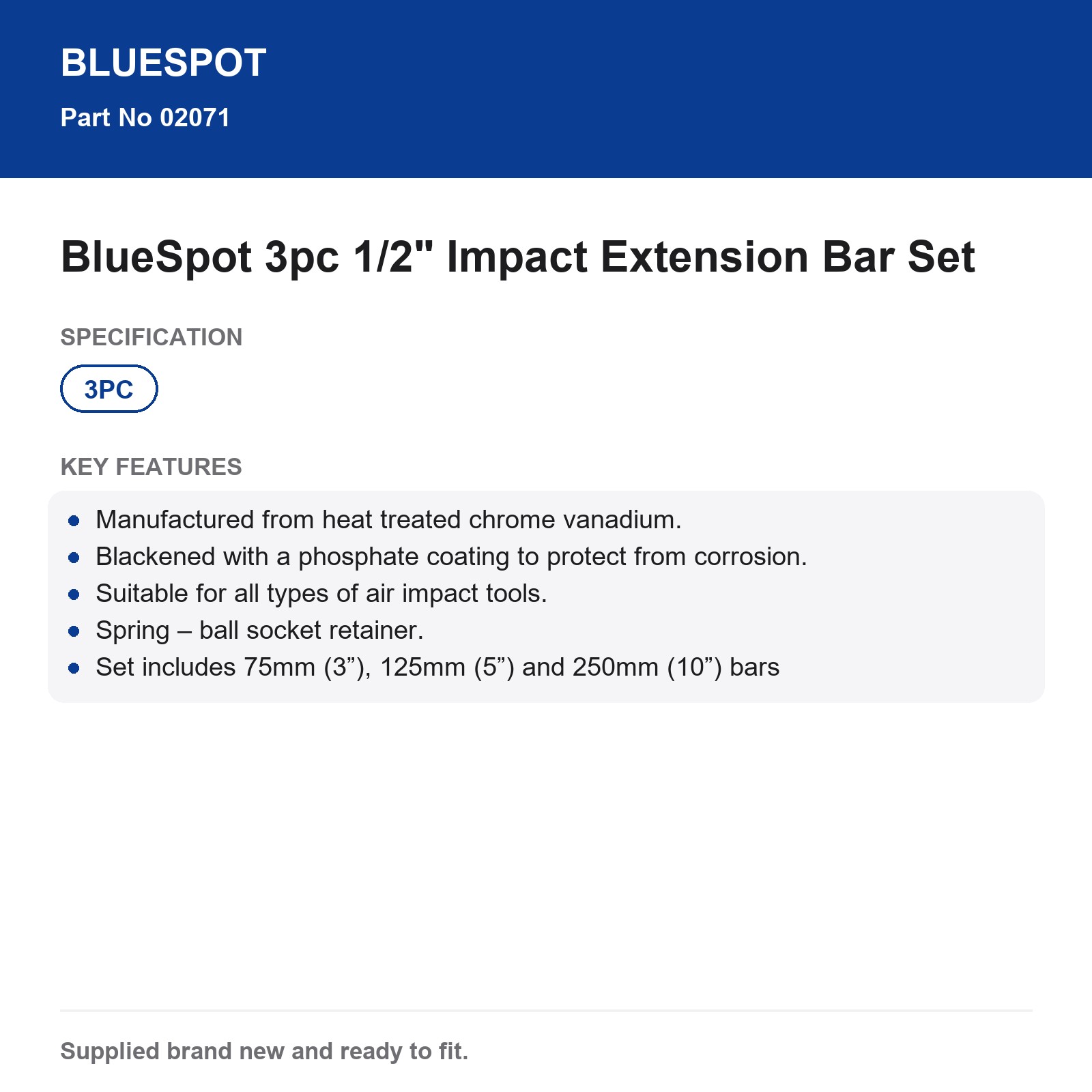 Bluespot 1/2" Impact Extension Bar Set 3pc CrV Air Tool 75/125/250mm - Image 4