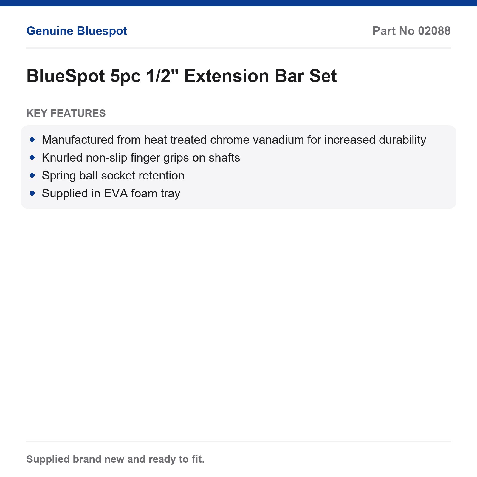 BlueSpot 5pc 1/2" Extension Bar Set Chrome Vanadium Knurled Grip Spring Ball - Image 3