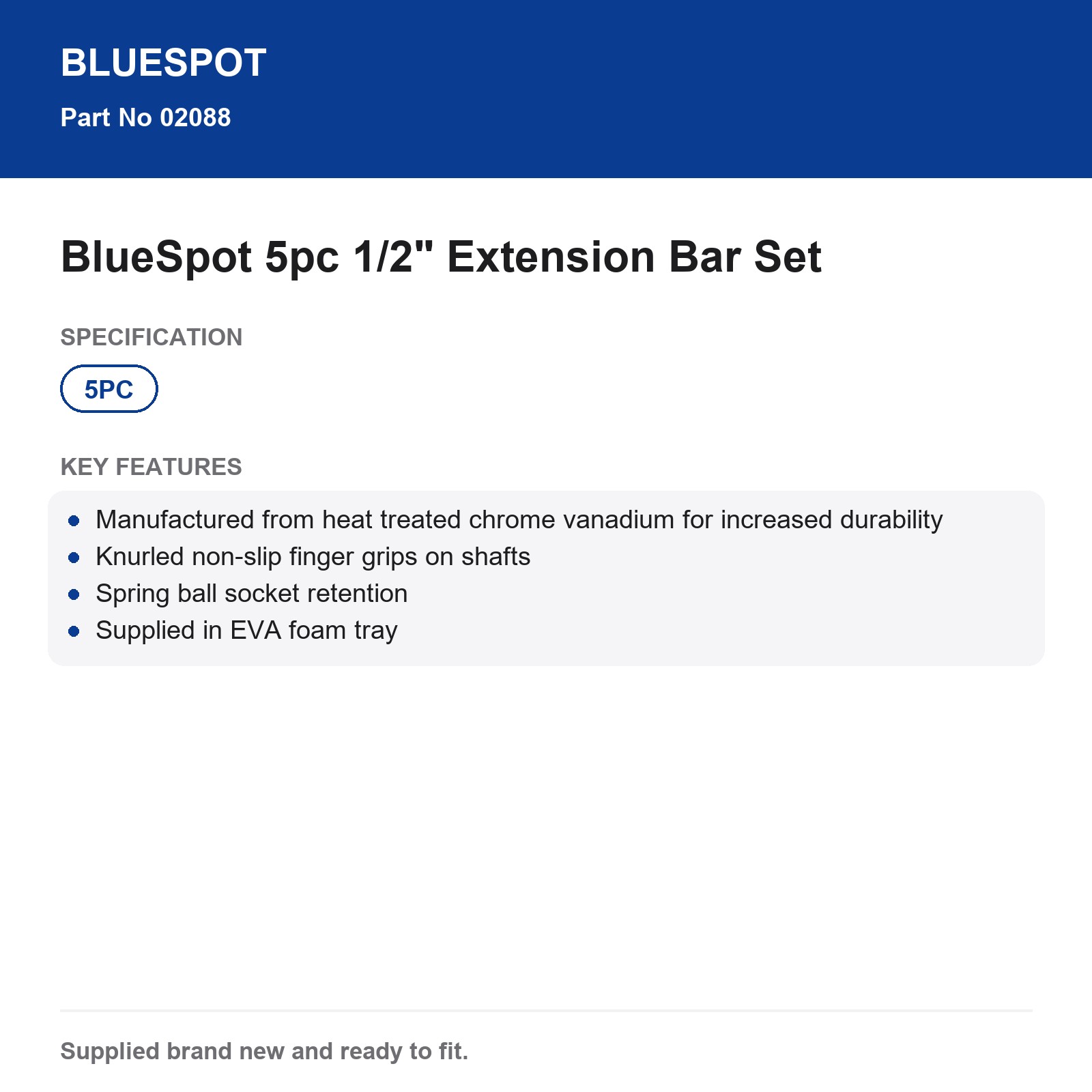 BlueSpot 5pc 1/2" Extension Bar Set Chrome Vanadium Knurled Grip Spring Ball - Image 4