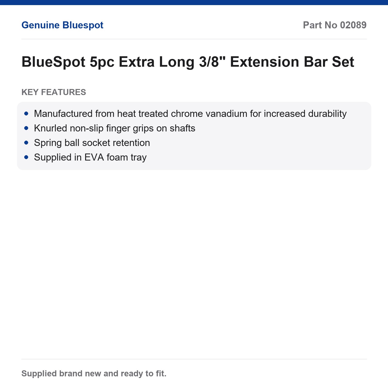BlueSpot 5pc Extra Long 3/8" Extension Bar Set Cr-V Knurled Spring Ball EVA Tray - Image 3