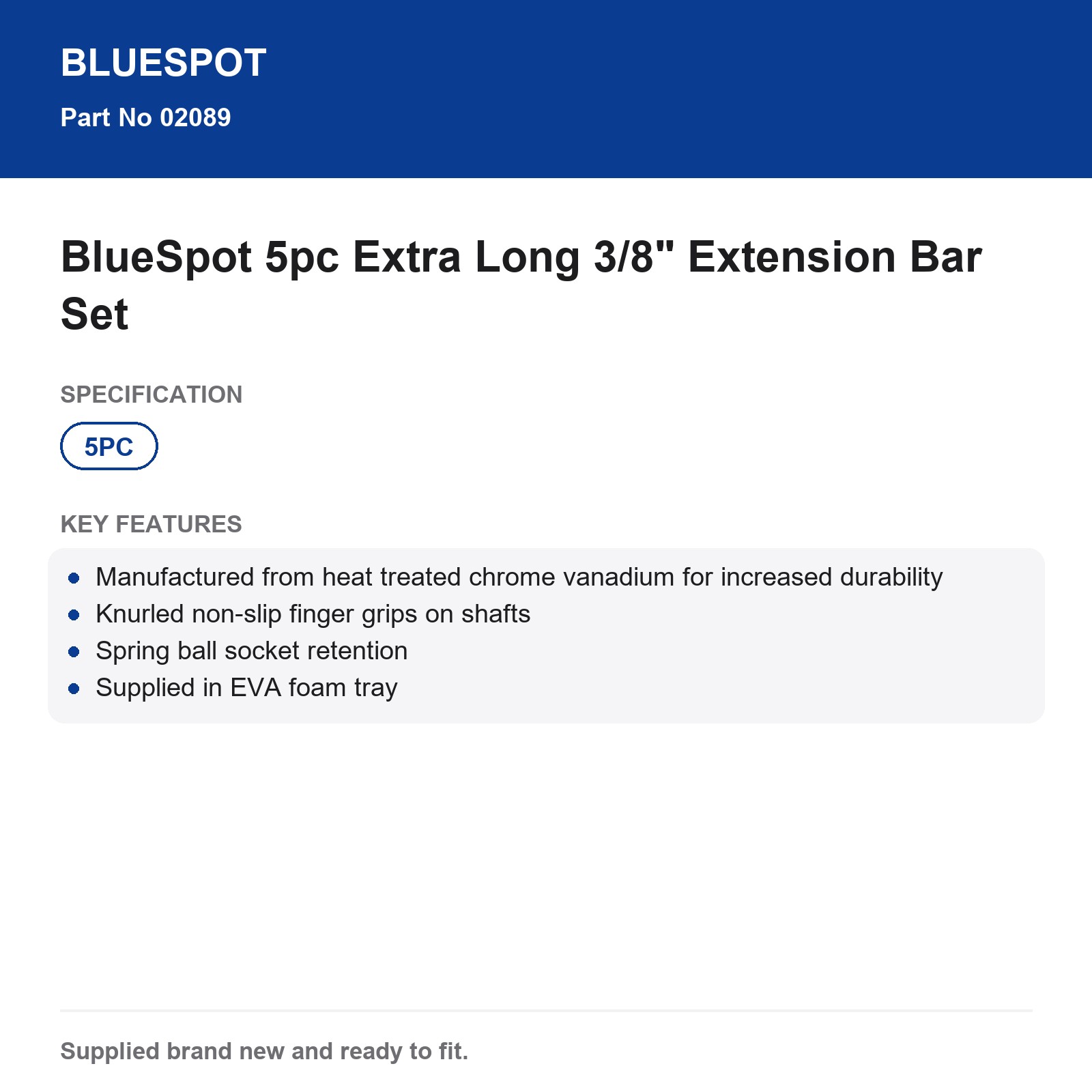 BlueSpot 5pc Extra Long 3/8" Extension Bar Set Cr-V Knurled Spring Ball EVA Tray - Image 4