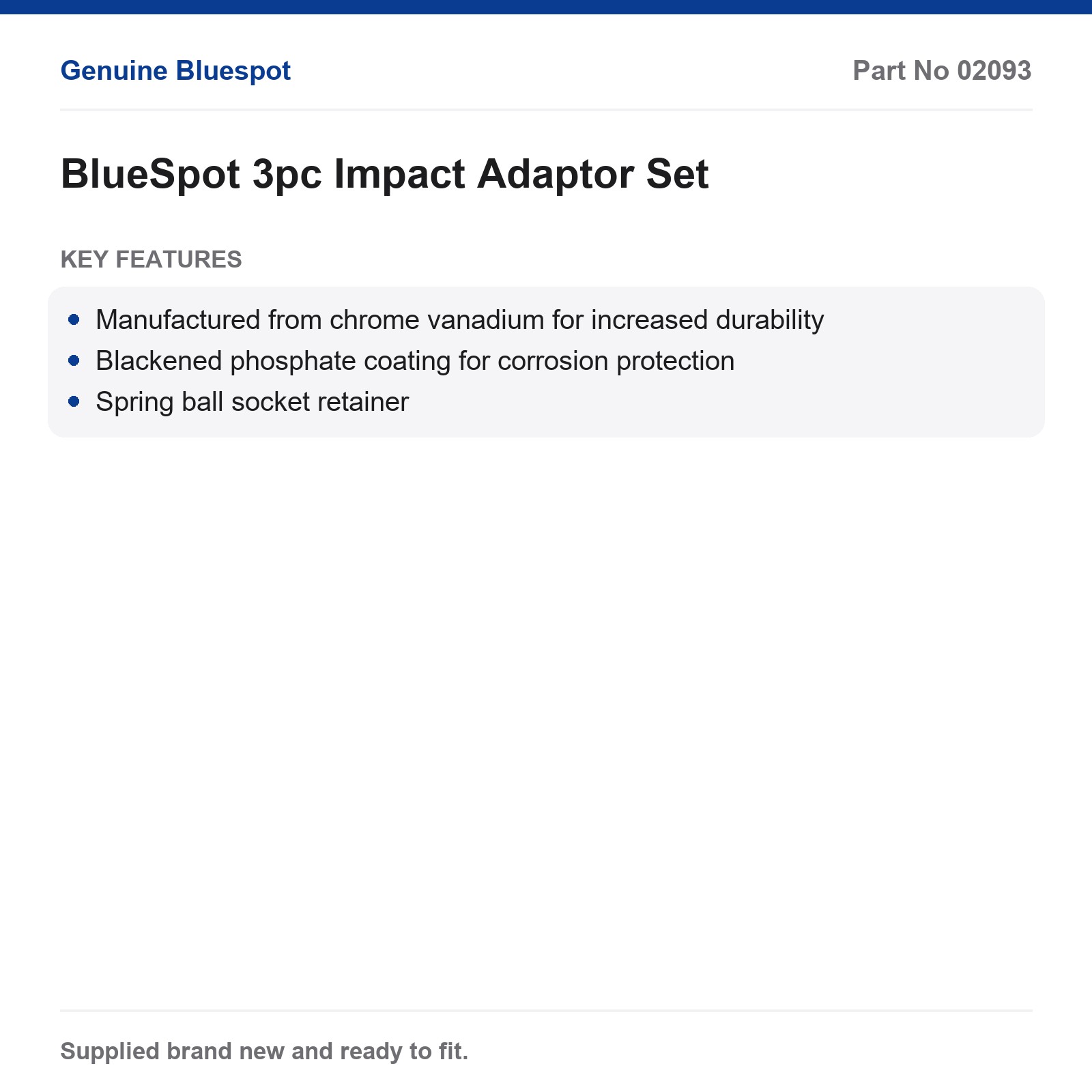 BlueSpot 3pc Impact Adaptor Set 1/4"-3/4" Drive CrV Corrosion Protected - Image 3