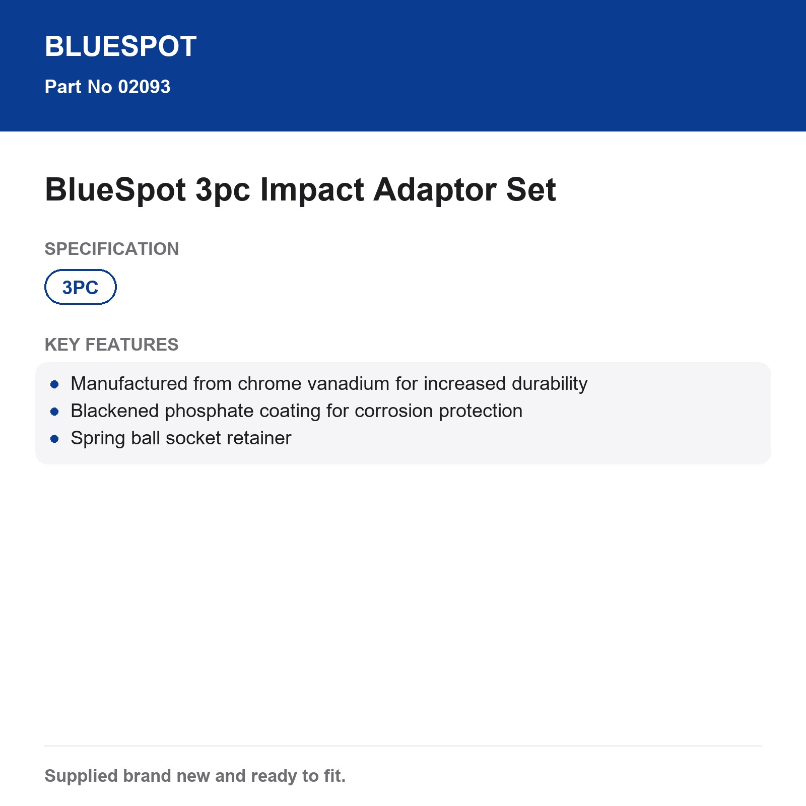 BlueSpot 3pc Impact Adaptor Set 1/4"-3/4" Drive CrV Corrosion Protected - Image 4