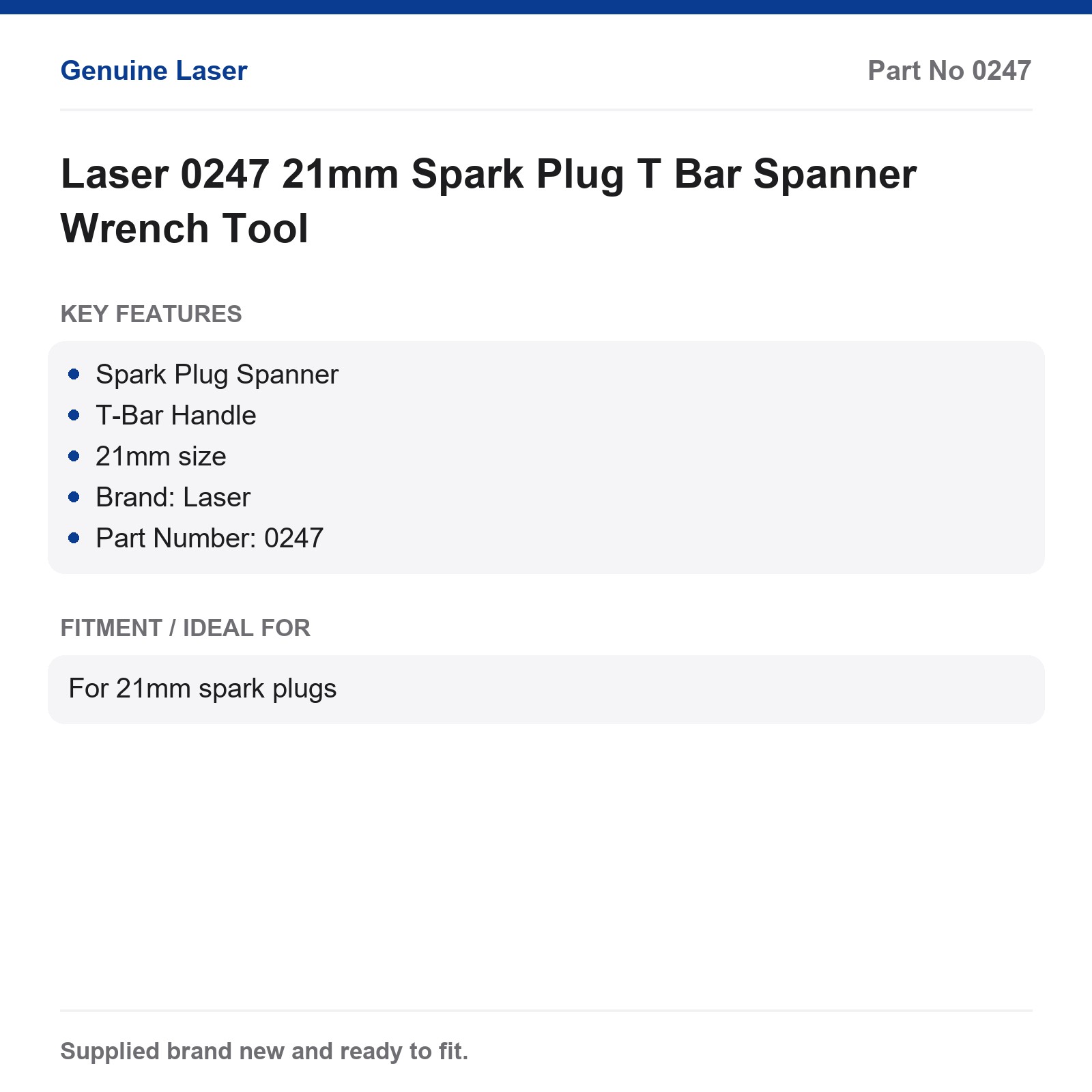 Laser 21mm Spark Plug T-Bar Wrench Spanner 0247 - Image 3