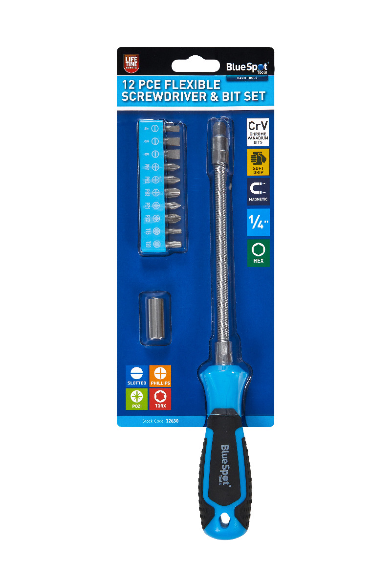 Blue Spot 12pc Flexible Magnetic Driver Bit Set 1/4″ Slotted Philips Pozi Torx