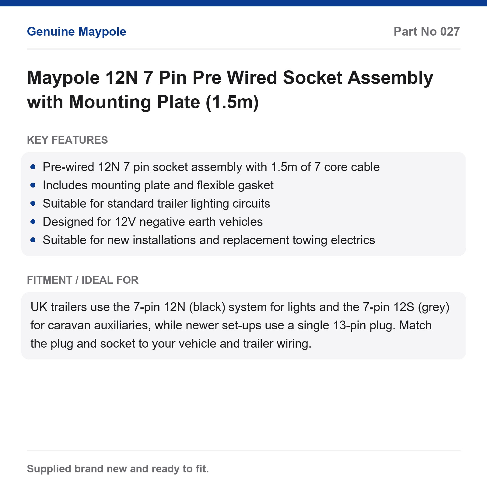 Maypole 12N 7 Pin Pre-Wired Trailer Socket Mounting Plate 1.5m Cable - Image 4