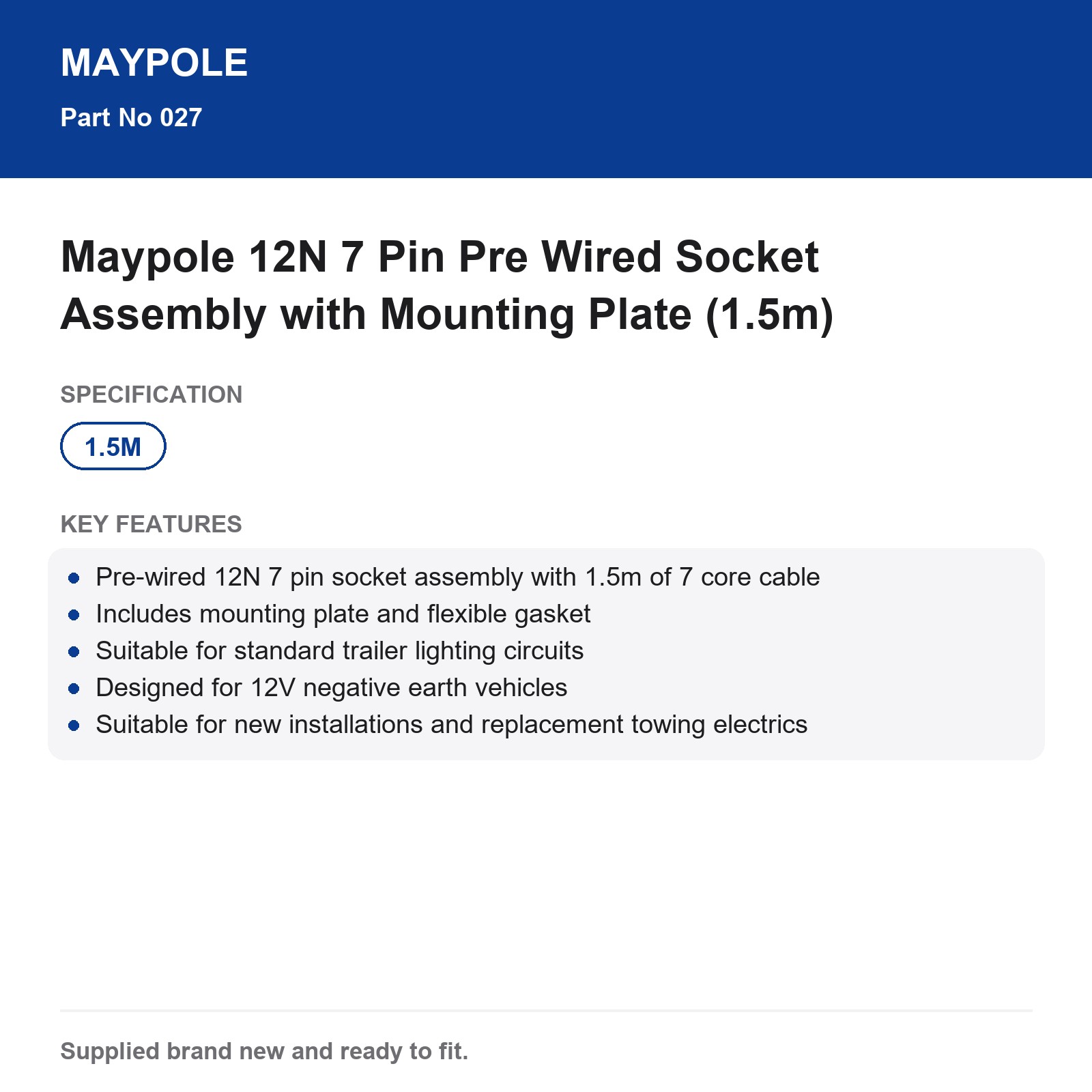 Maypole 12N 7 Pin Pre-Wired Trailer Socket Mounting Plate 1.5m Cable - Image 5