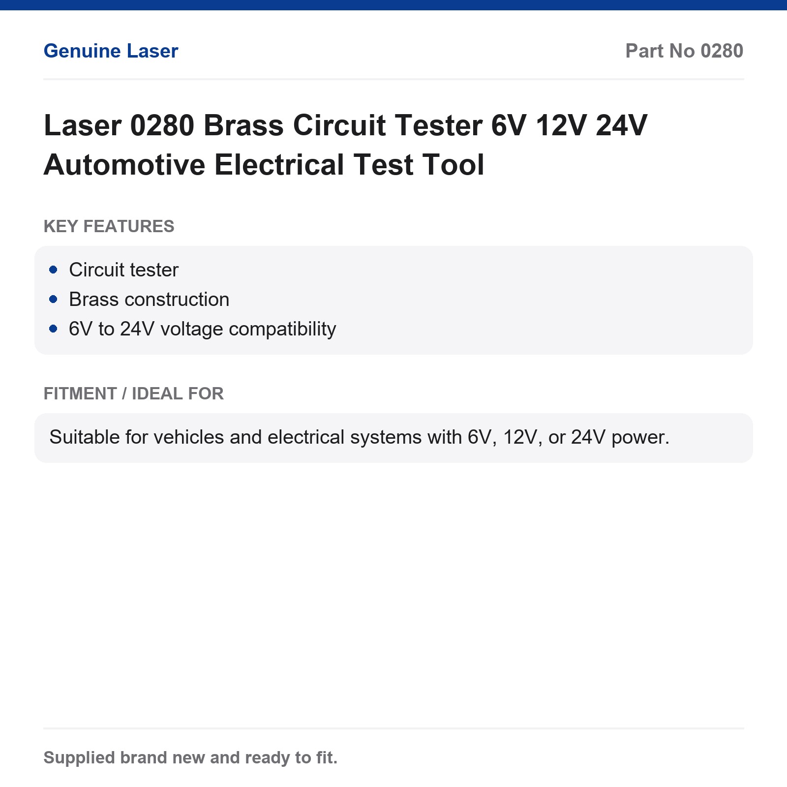 Laser 0280 Automotive Brass Circuit Tester 6V 12V 24V Electrical Test - Image 6