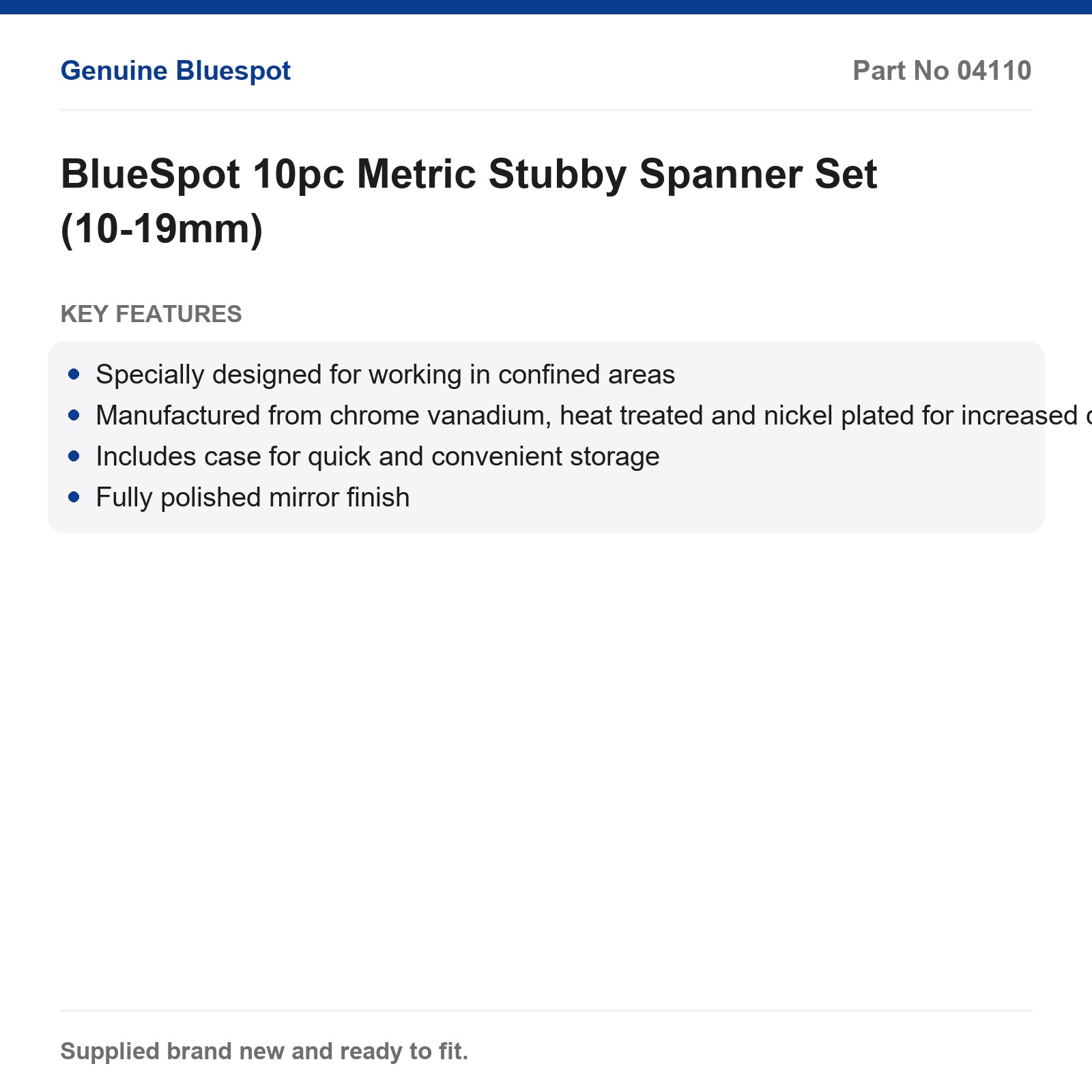 BlueSpot 10pc Metric Stubby Spanners 10-19mm Chrome Vanadium Mirror Finish Case - Image 4