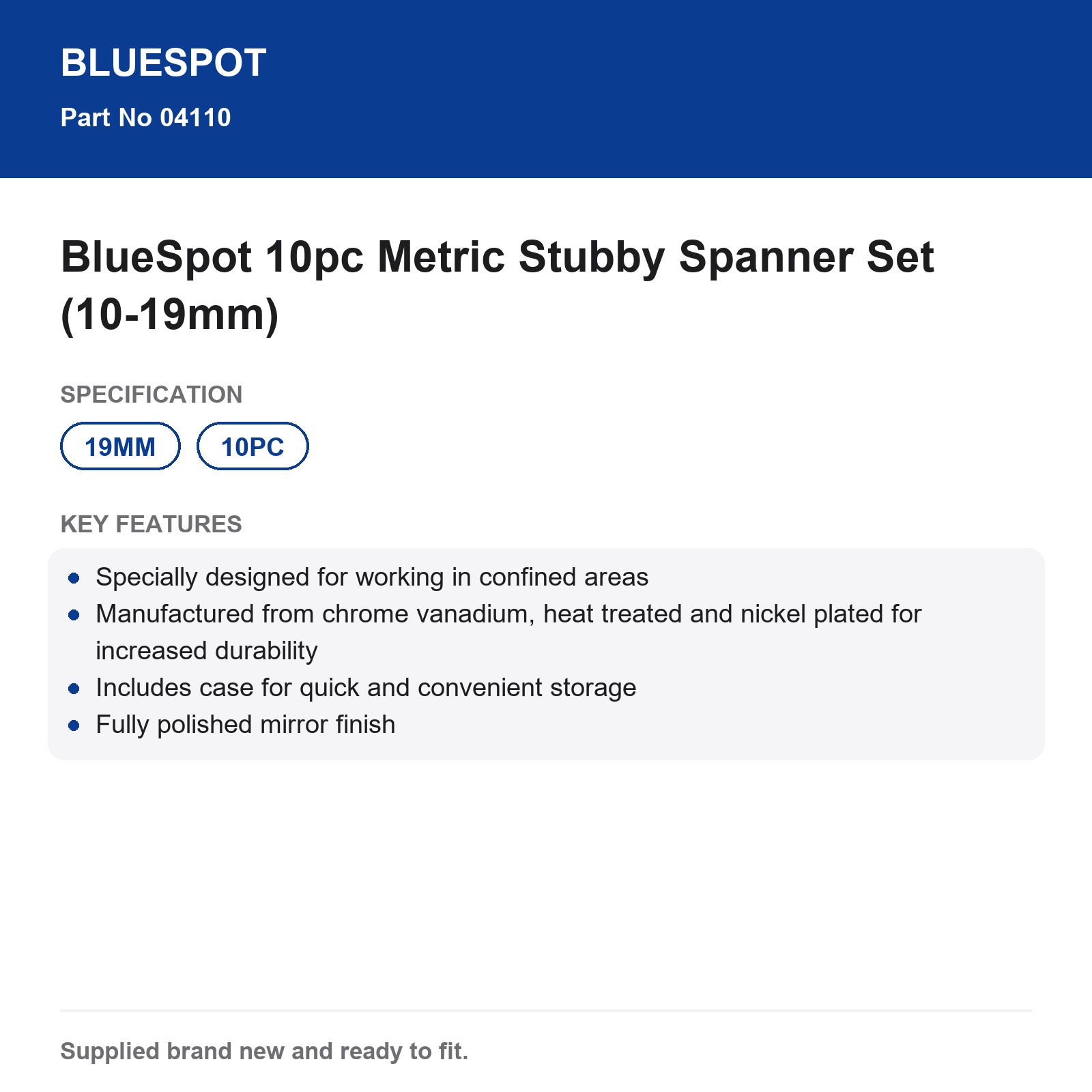 BlueSpot 10pc Metric Stubby Spanners 10-19mm Chrome Vanadium Mirror Finish Case - Image 5