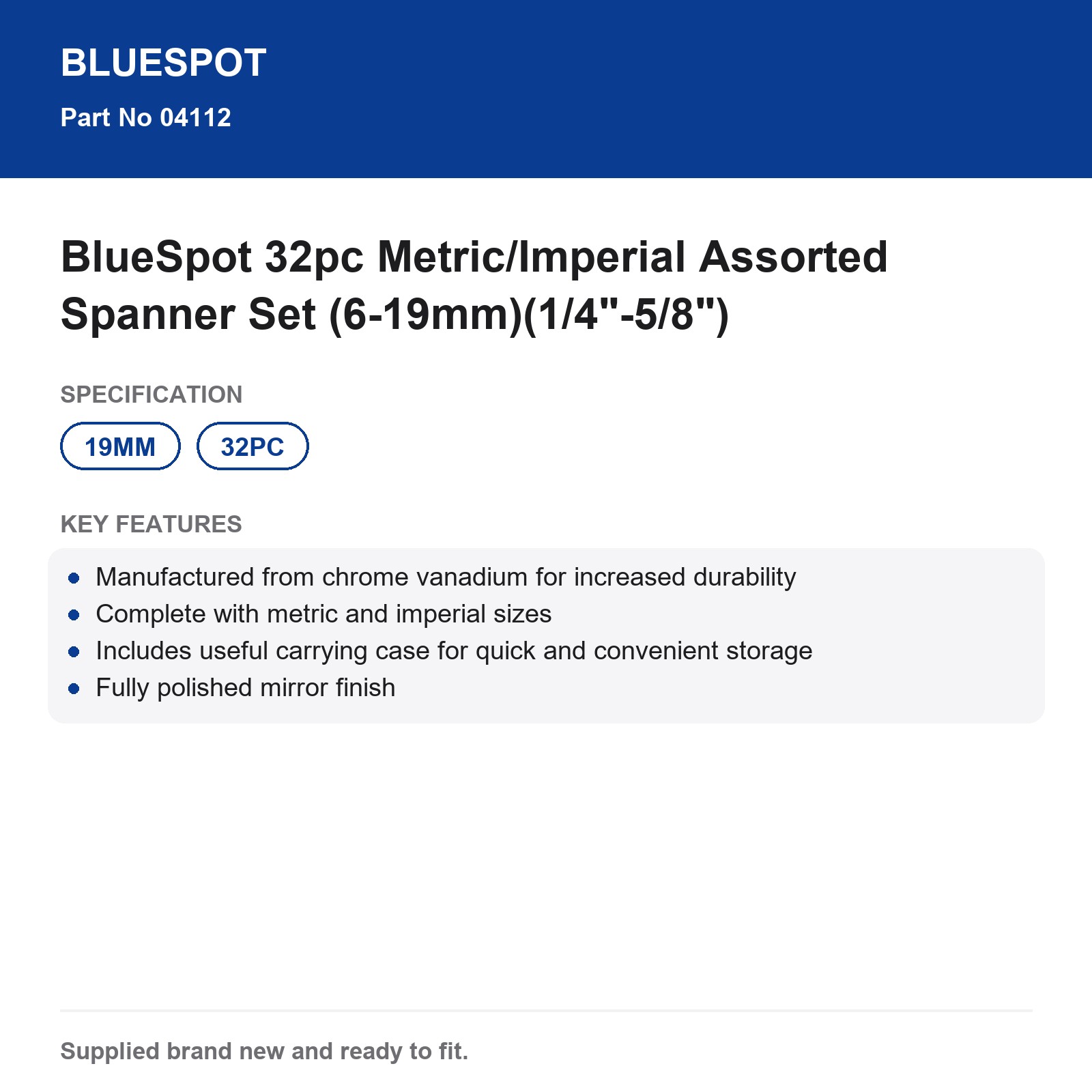 BlueSpot 32pc Metric Imperial Spanner Set (6-19mm)(1/4"-5/8") - Image 4
