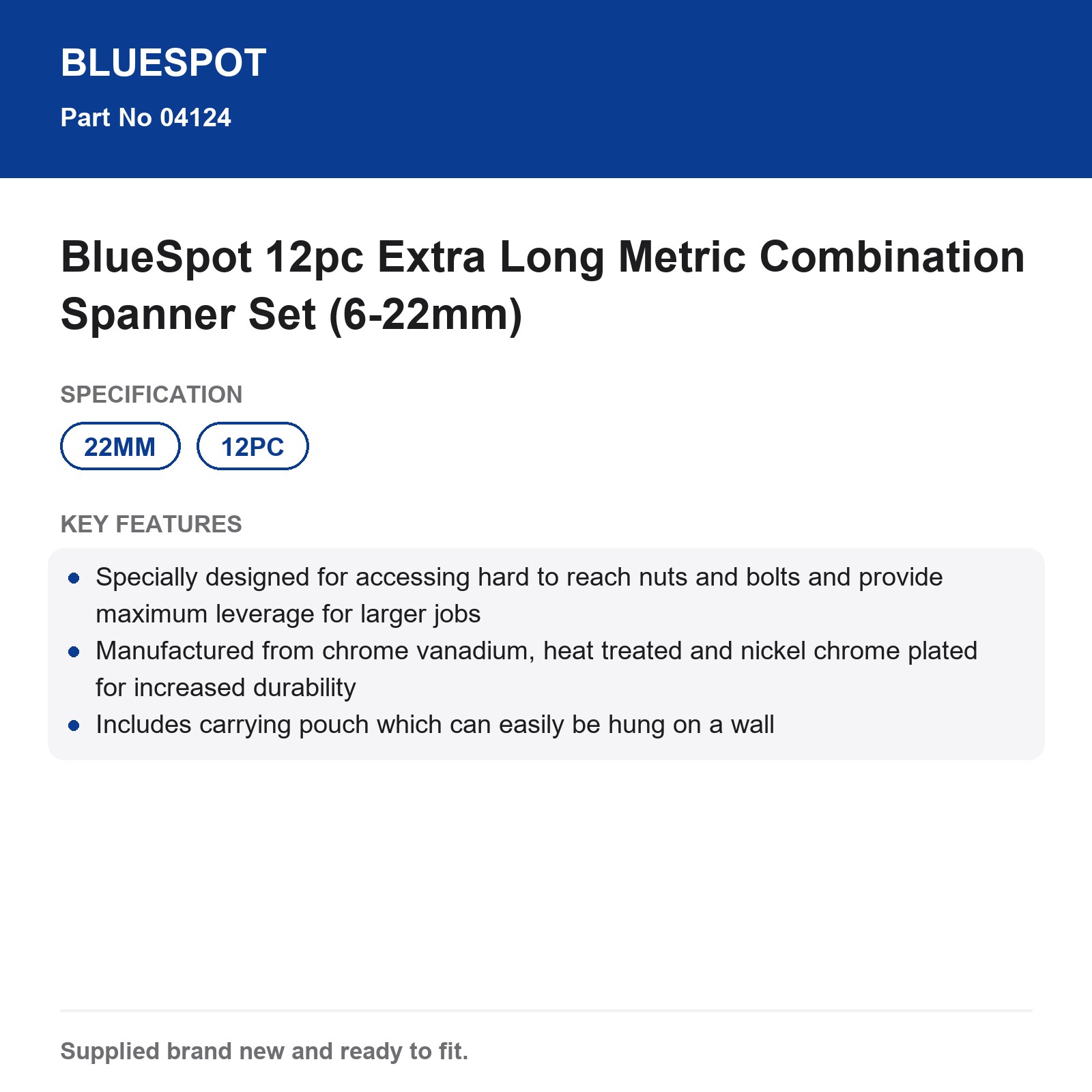 BlueSpot Combination Spanner Set 12pc Extra Long Metric (6-22mm) - Image 4