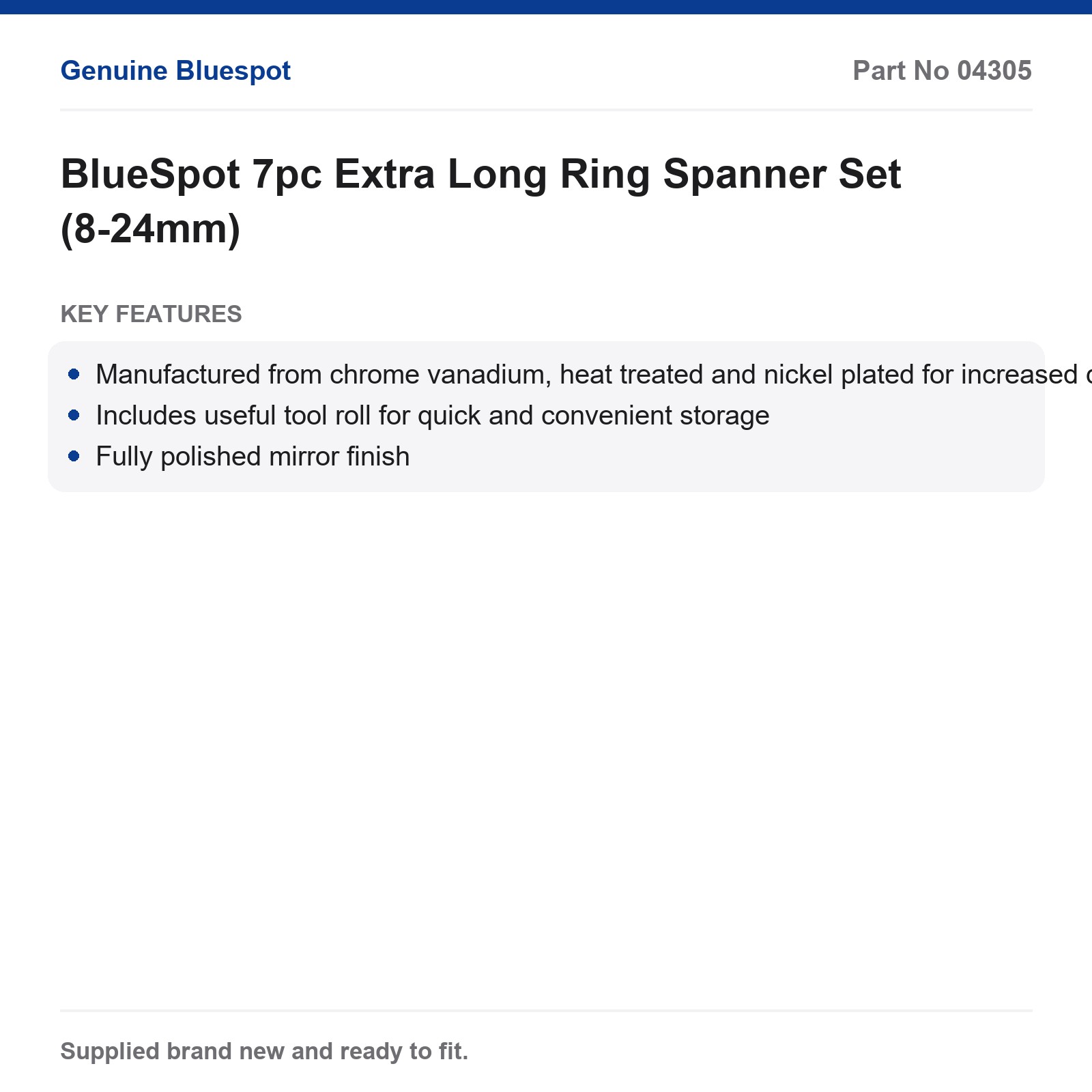 BlueSpot 7pc Extra Long Ring Spanner Set 8-24mm Chrome Vanadium Tool Roll - Image 2
