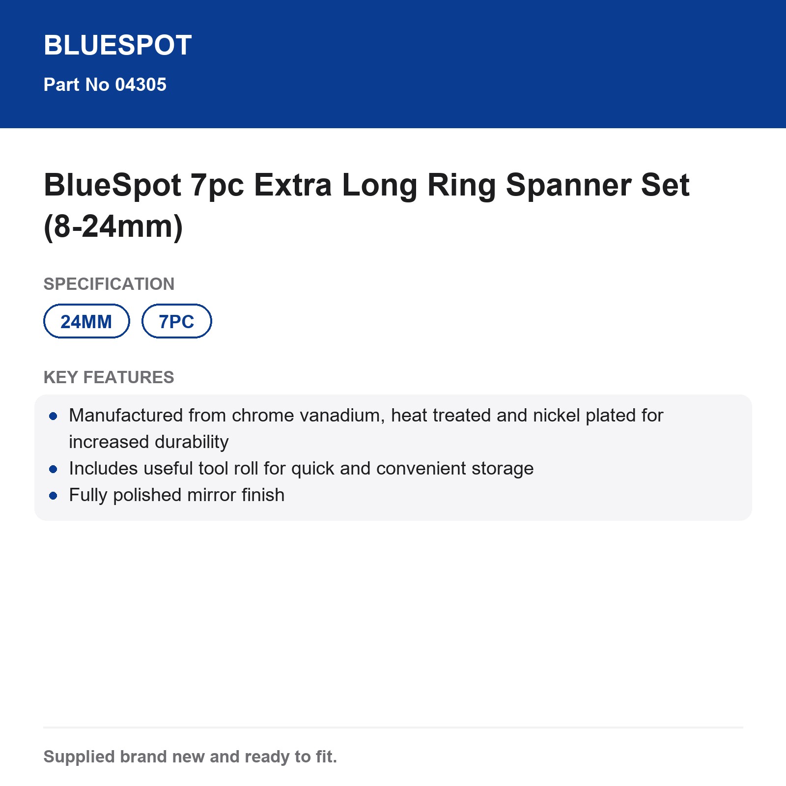 BlueSpot 7pc Extra Long Ring Spanner Set 8-24mm Chrome Vanadium Tool Roll - Image 3