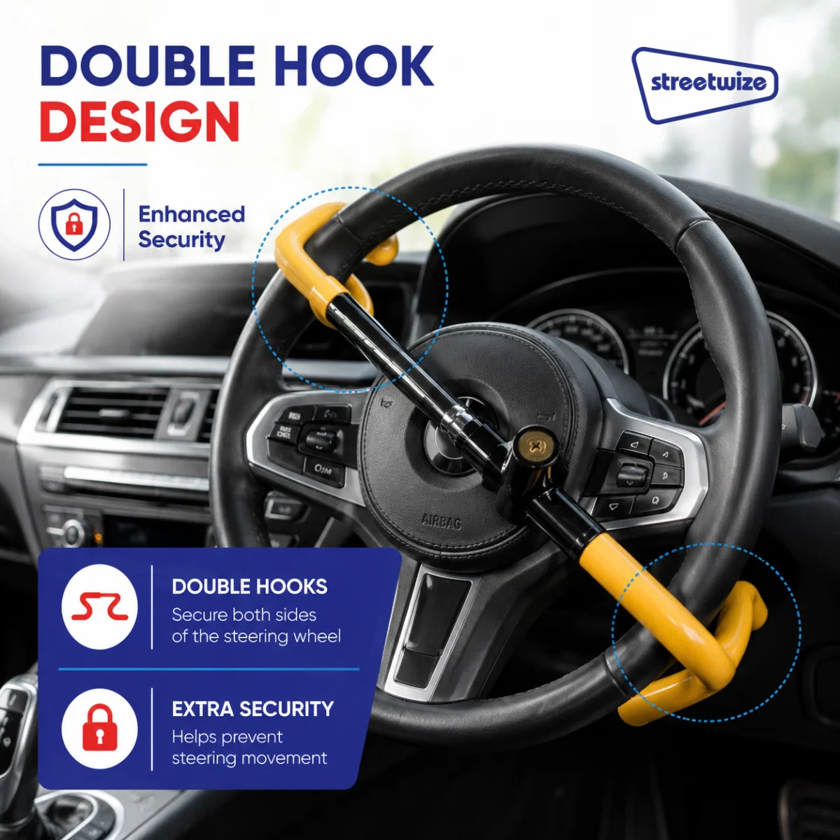Streetwize Double Hook Steering Wheel Lock Anti Theft Universal Car Van Security - Image 2