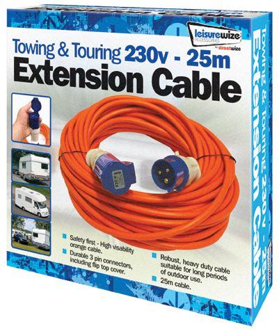 Streetwize 25m 230v Extension Cable Universal Car Van Caravan
