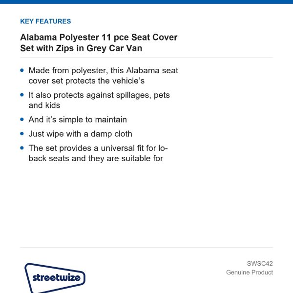 Car Van Seat Cover Set Grey Streetwize Alabama Polyester 11 pce Zips