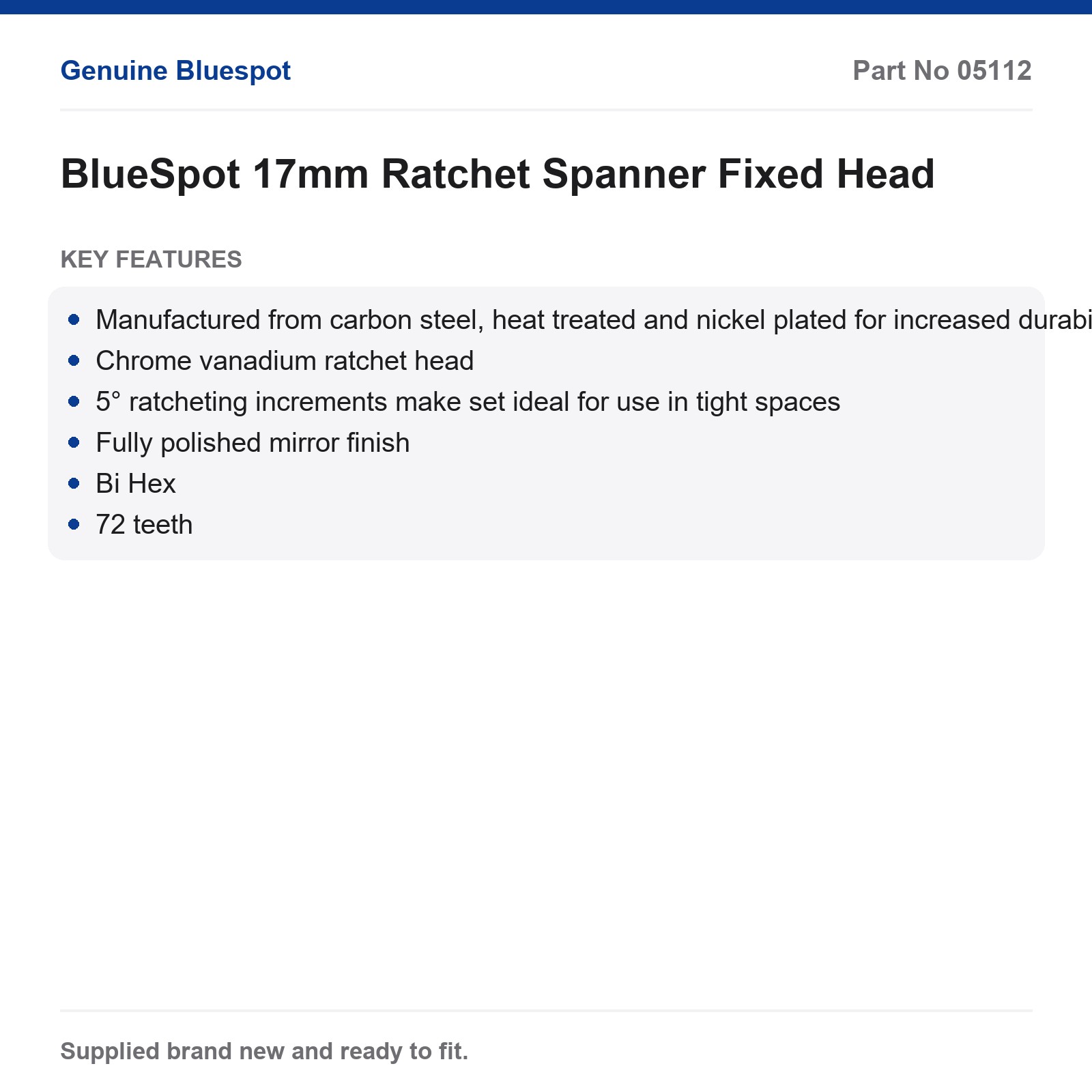 BlueSpot 17mm Ratchet Spanner Bi Hex 72T Carbon Steel CrV Mirror - Image 3