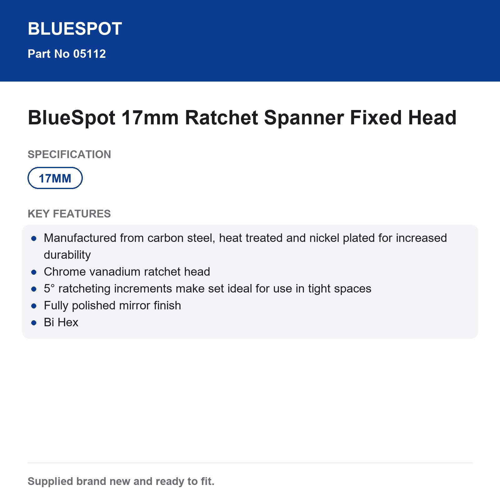 BlueSpot 17mm Ratchet Spanner Bi Hex 72T Carbon Steel CrV Mirror - Image 4