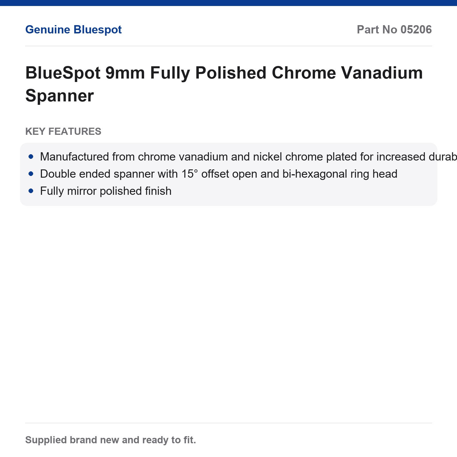 BlueSpot 9mm Fully Polished Chrome Vanadium Spanner - Image 2