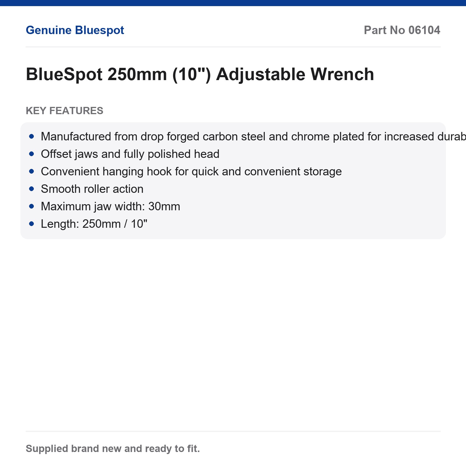 Bluespot Adjustable Wrench Spanner 10" 250mm Carbon Steel Chrome 30mm - Image 3