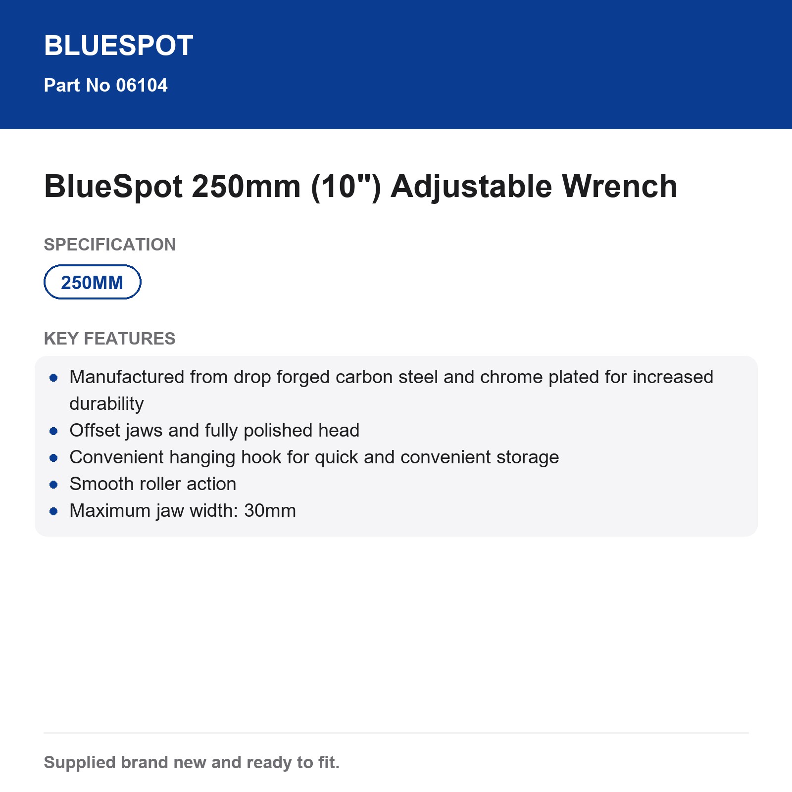 Bluespot Adjustable Wrench Spanner 10" 250mm Carbon Steel Chrome 30mm - Image 4
