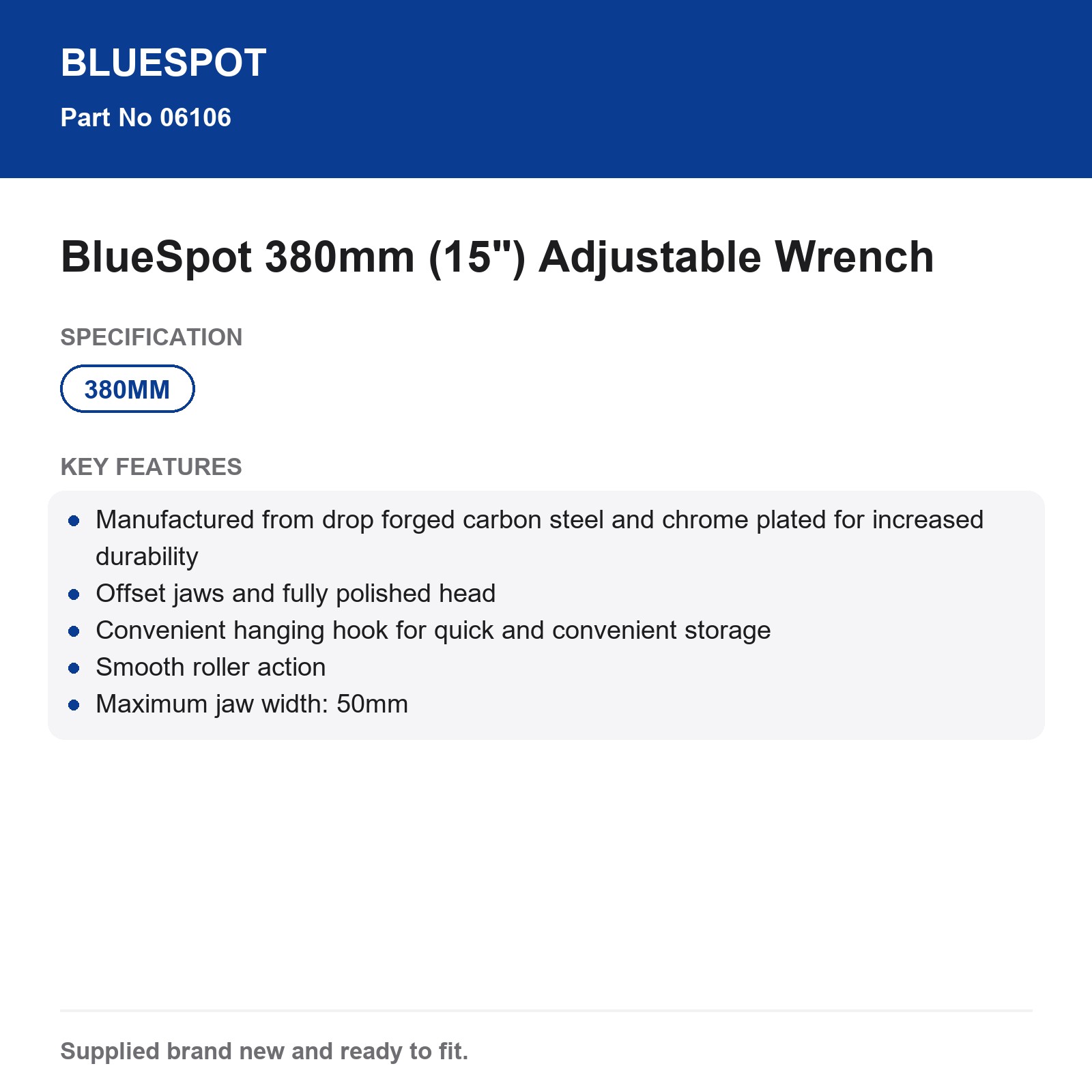 BlueSpot 15" Carbon Steel Adjustable Wrench Spanner 50mm Jaw Extra Long Handle - Image 4