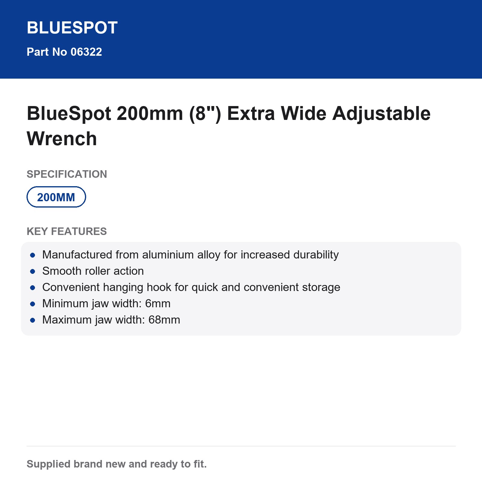 BlueSpot 200mm 8" Aluminium Adjustable Wrench Spanner 6-68mm Smooth Roller - Image 5