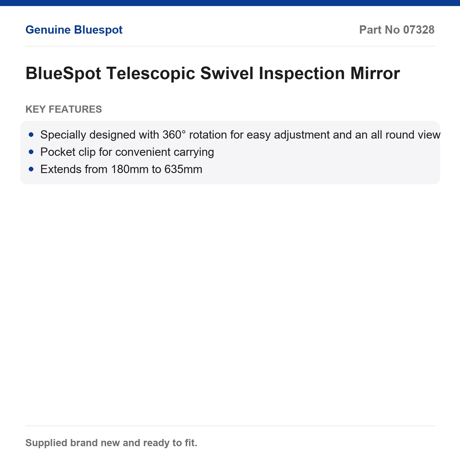 Bluespot Inspection Mirror Telescopic Swivel Workshop 180-635mm 360° Clip - Image 3