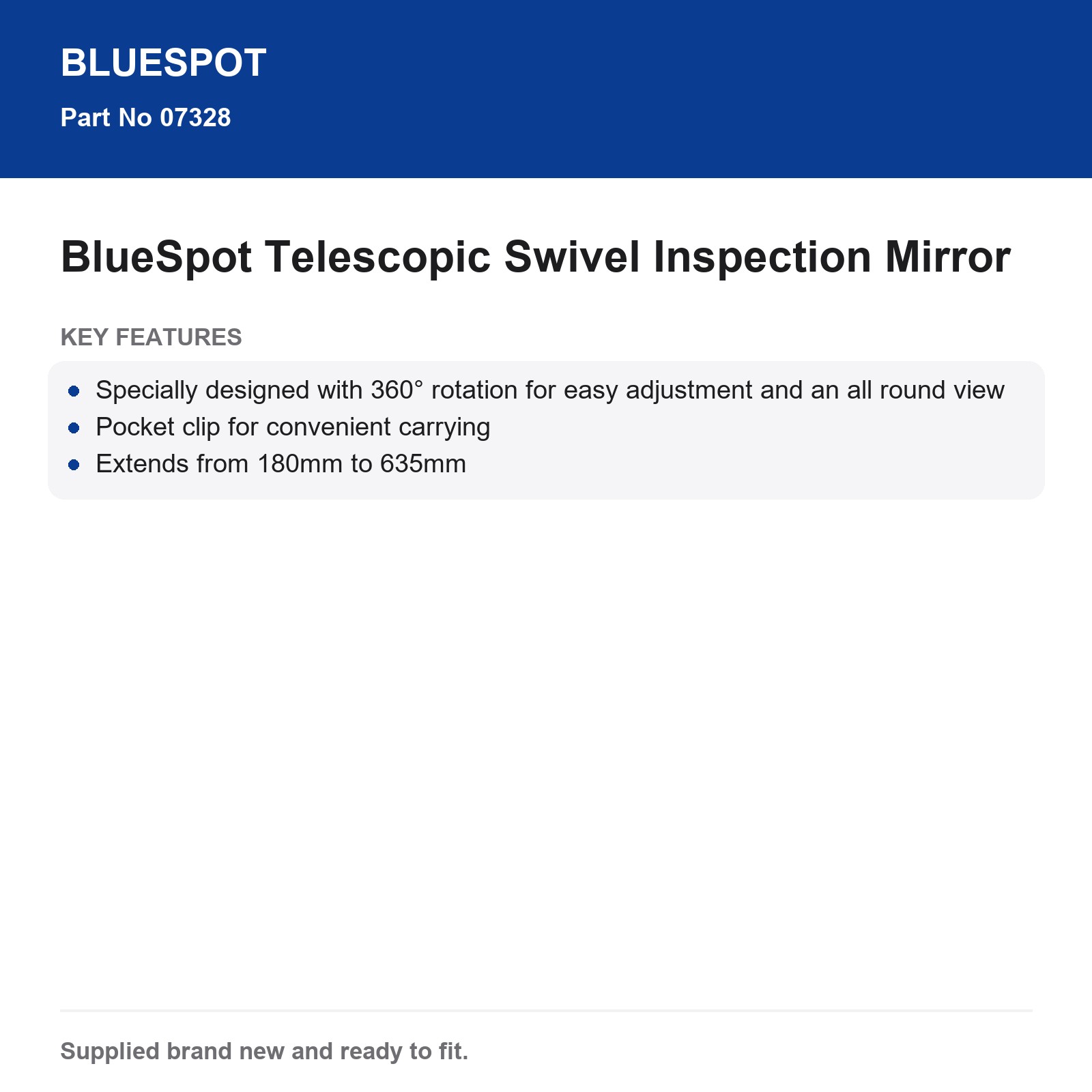 Bluespot Inspection Mirror Telescopic Swivel Workshop 180-635mm 360° Clip - Image 4