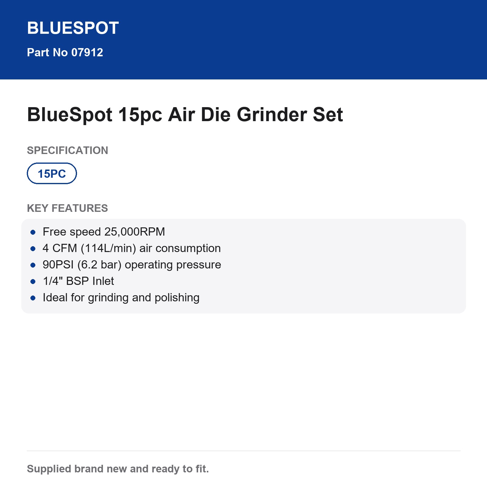 BlueSpot Air Die Grinder Set 15pc 25000RPM 90PSI 1/4" BSP Grind Polish Case - Image 4