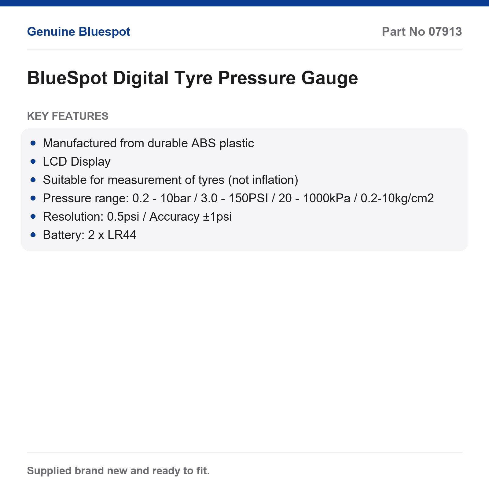 BlueSpot Digital Tyre Pressure Gauge LCD Durable ABS Bar PSI kPa 2x LR44 - Image 2