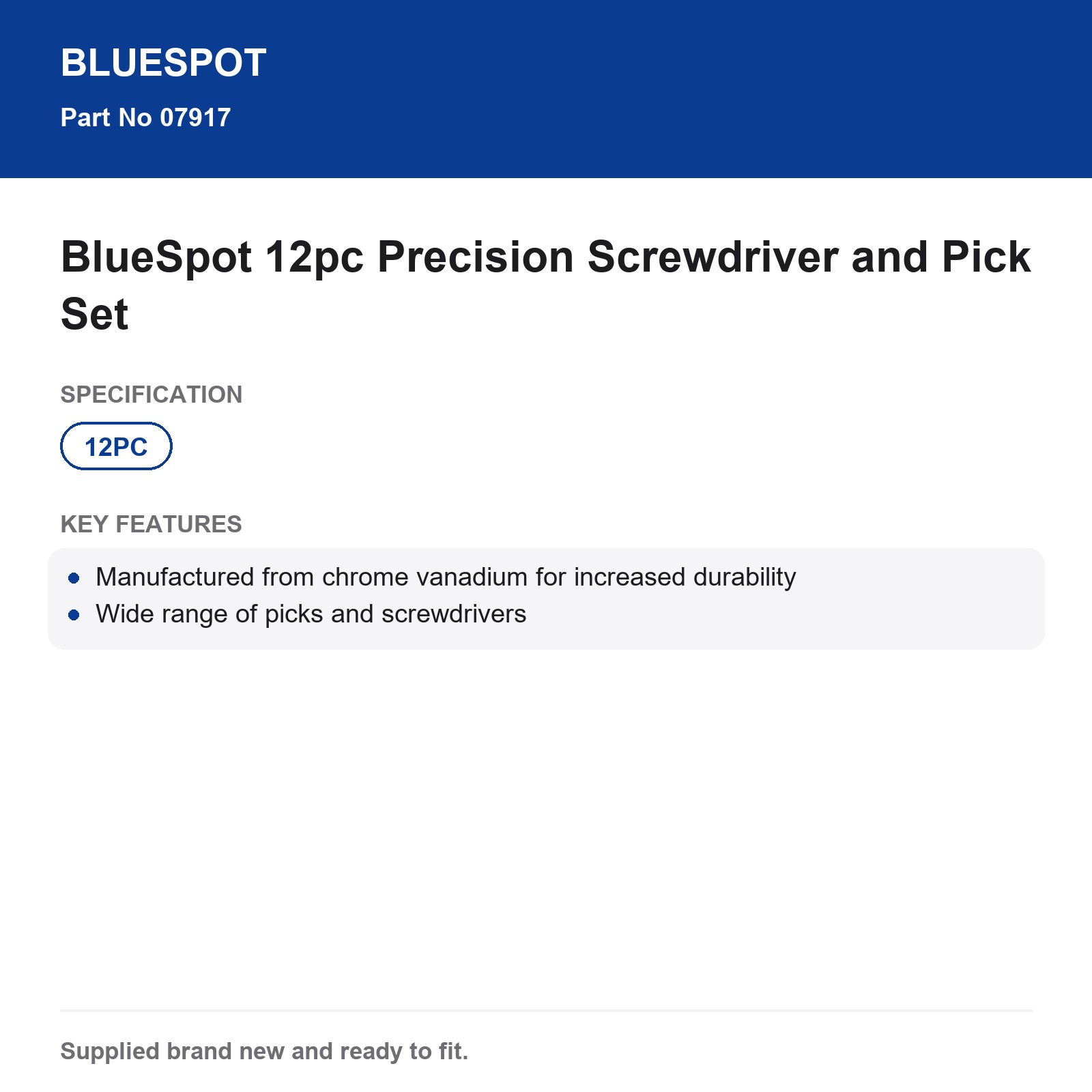 BlueSpot 12pc Chrome Vanadium Precision Screwdriver & Pick Set O-Ring Seal Tool - Image 4