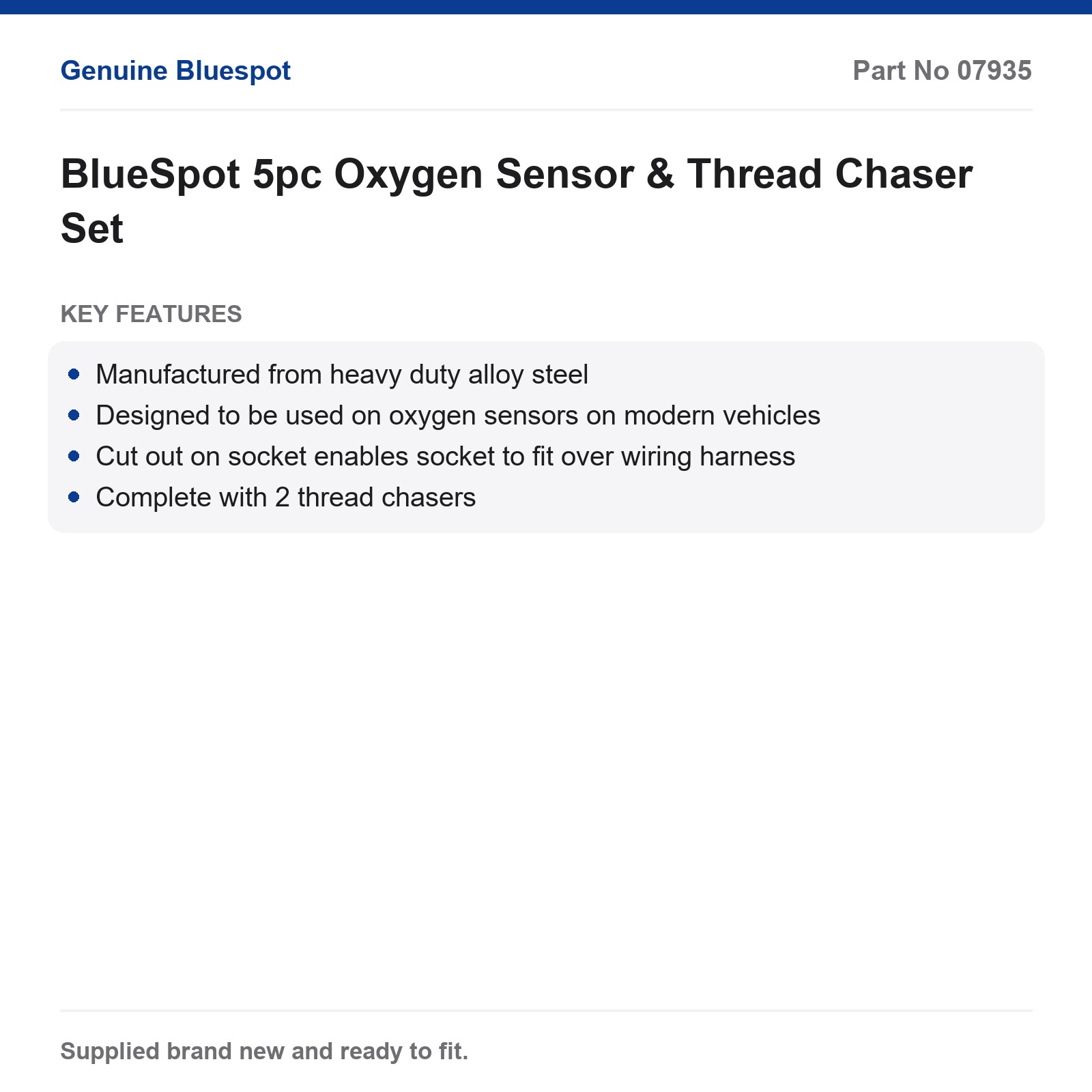 BlueSpot 5pc Oxygen Sensor Socket Thread Chaser Set Wiring Harness Cut Out - Image 3