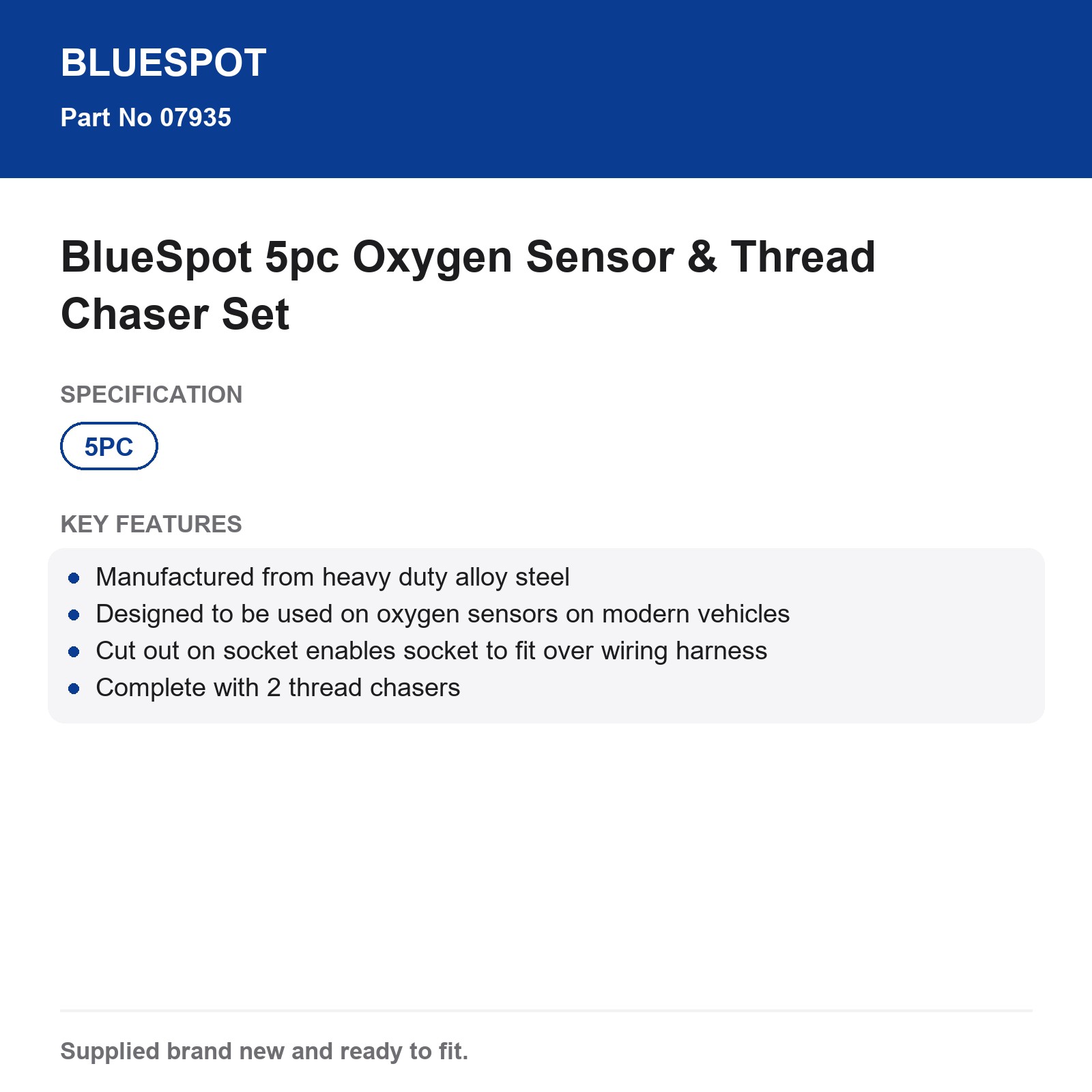 BlueSpot 5pc Oxygen Sensor Socket Thread Chaser Set Wiring Harness Cut Out - Image 4