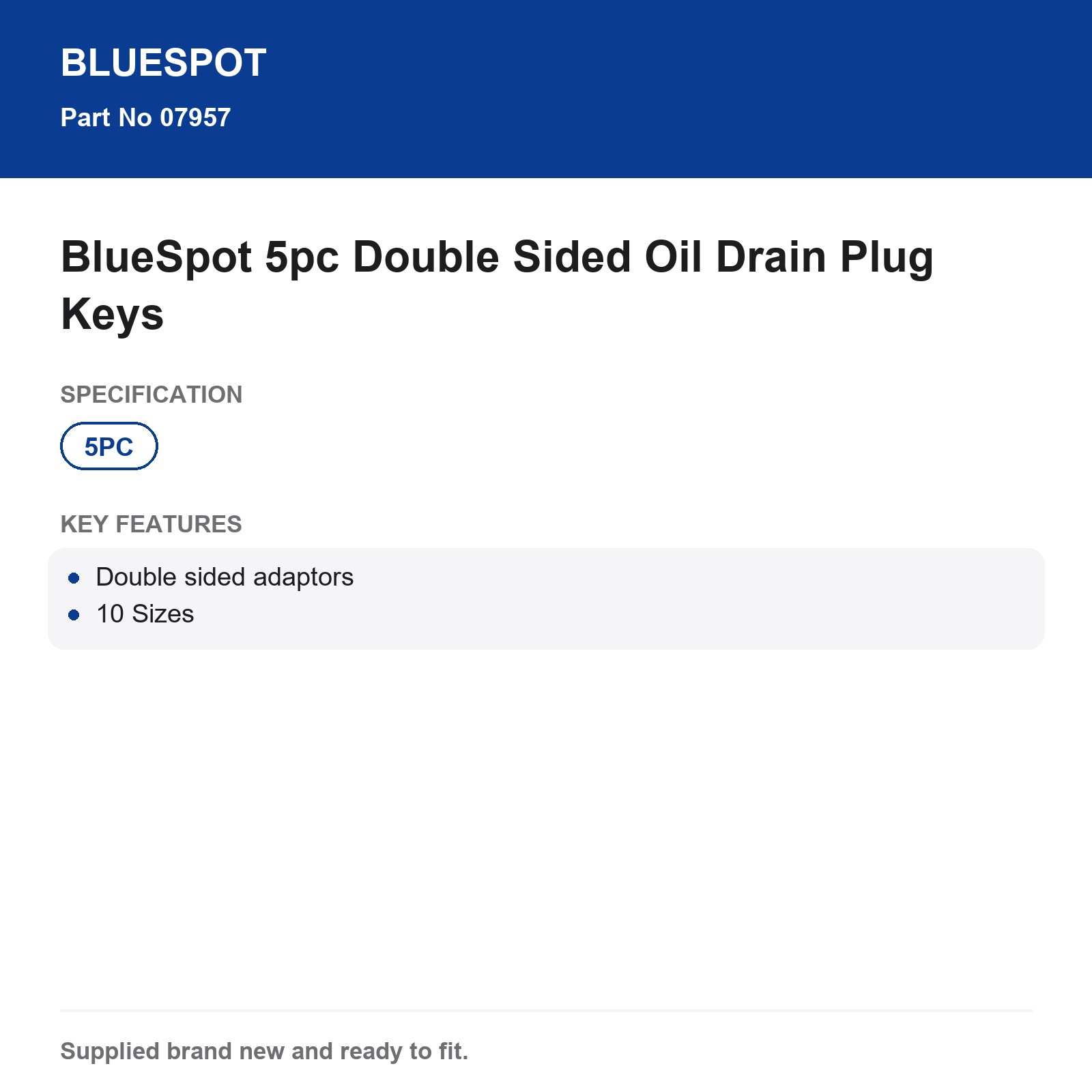 Oil Drain Sump Plug Keys BlueSpot 5pc Double Sided 10 Sizes Carbon Steel - Image 5