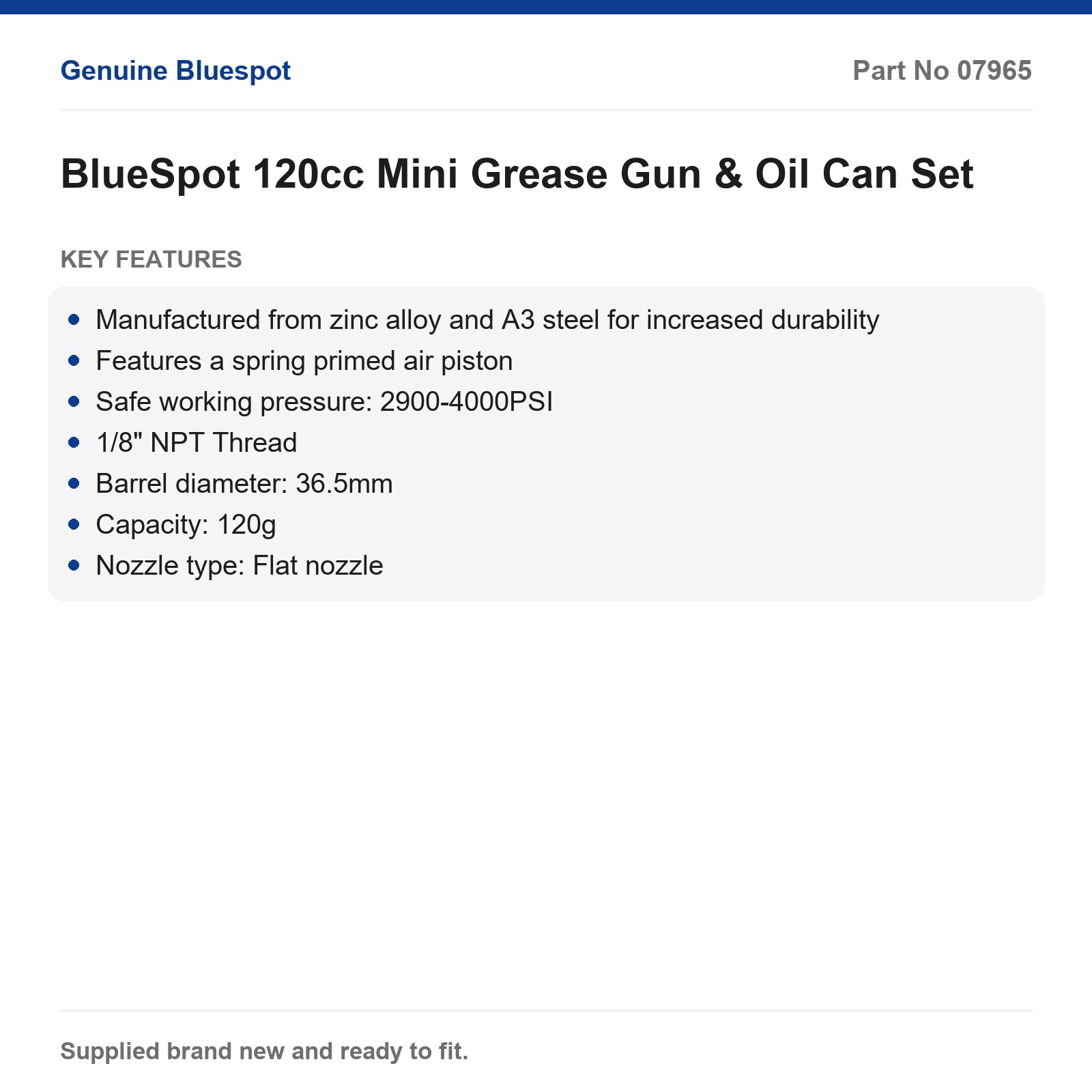 BlueSpot 120cc Mini Grease Gun & Oil Can Set Zinc Alloy A3 Steel 1/8" NPT 3oz - Image 3