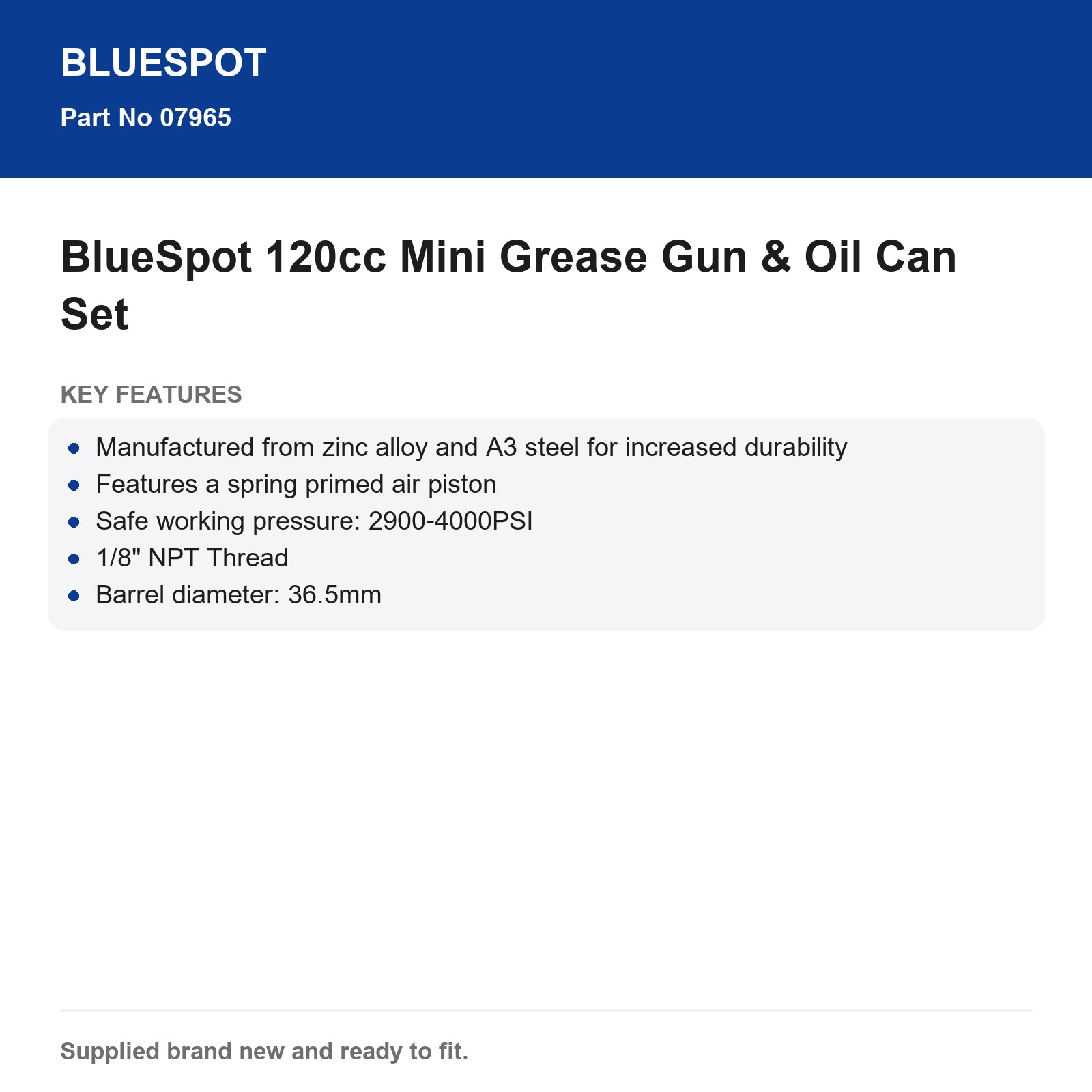 BlueSpot 120cc Mini Grease Gun & Oil Can Set Zinc Alloy A3 Steel 1/8" NPT 3oz - Image 4