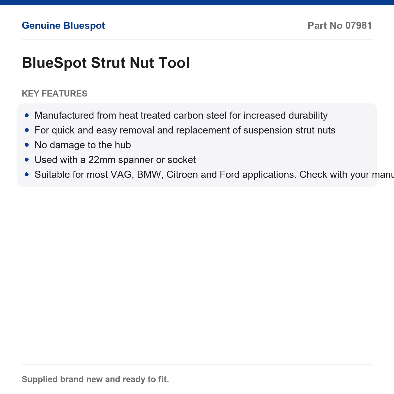 Bluespot 22mm Strut Nut Tool VAG BMW Citroen Ford Heat Treated Carbon Steel - Image 3