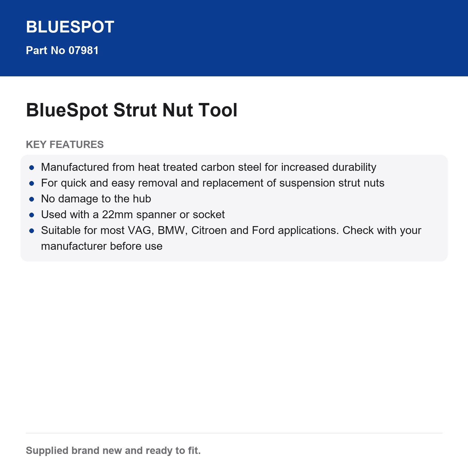 Bluespot 22mm Strut Nut Tool VAG BMW Citroen Ford Heat Treated Carbon Steel - Image 4