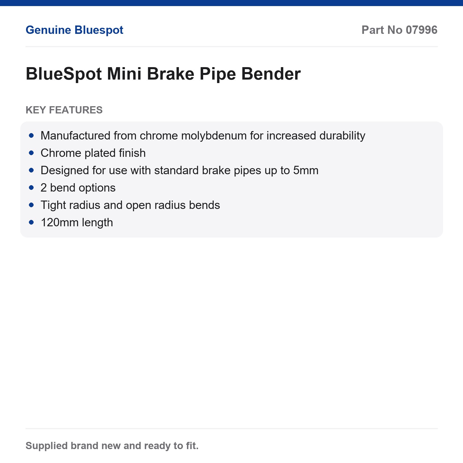 BlueSpot Standard 5mm Brake Pipe Bender Chrome Moly 2 Bend Options 120mm - Image 4