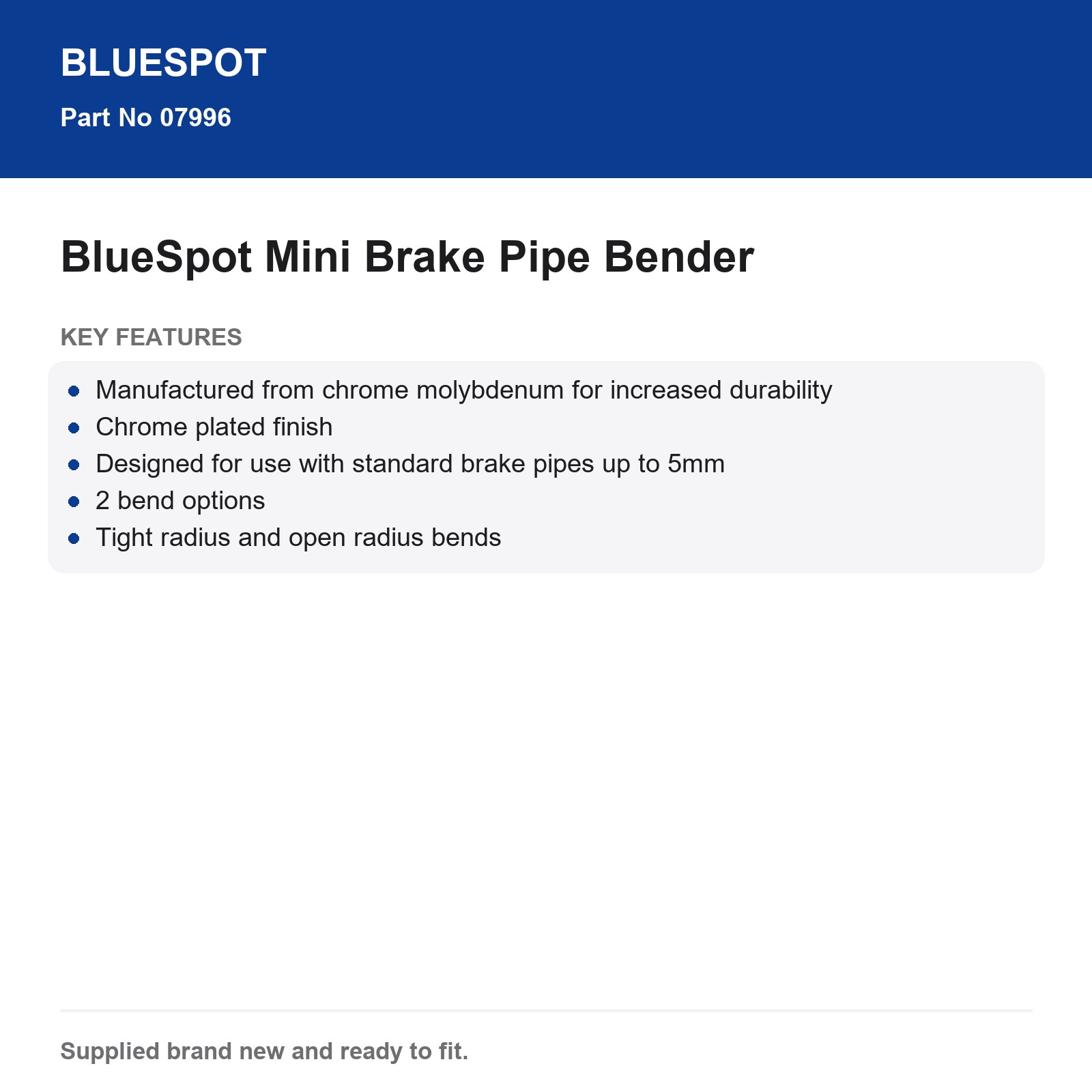 BlueSpot Standard 5mm Brake Pipe Bender Chrome Moly 2 Bend Options 120mm - Image 5