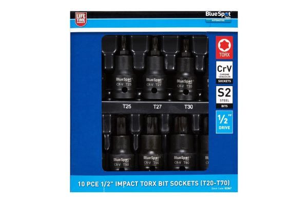 BlueSpot 10pc 1/2″ Impact Torx Bit Sockets (T20-T70)