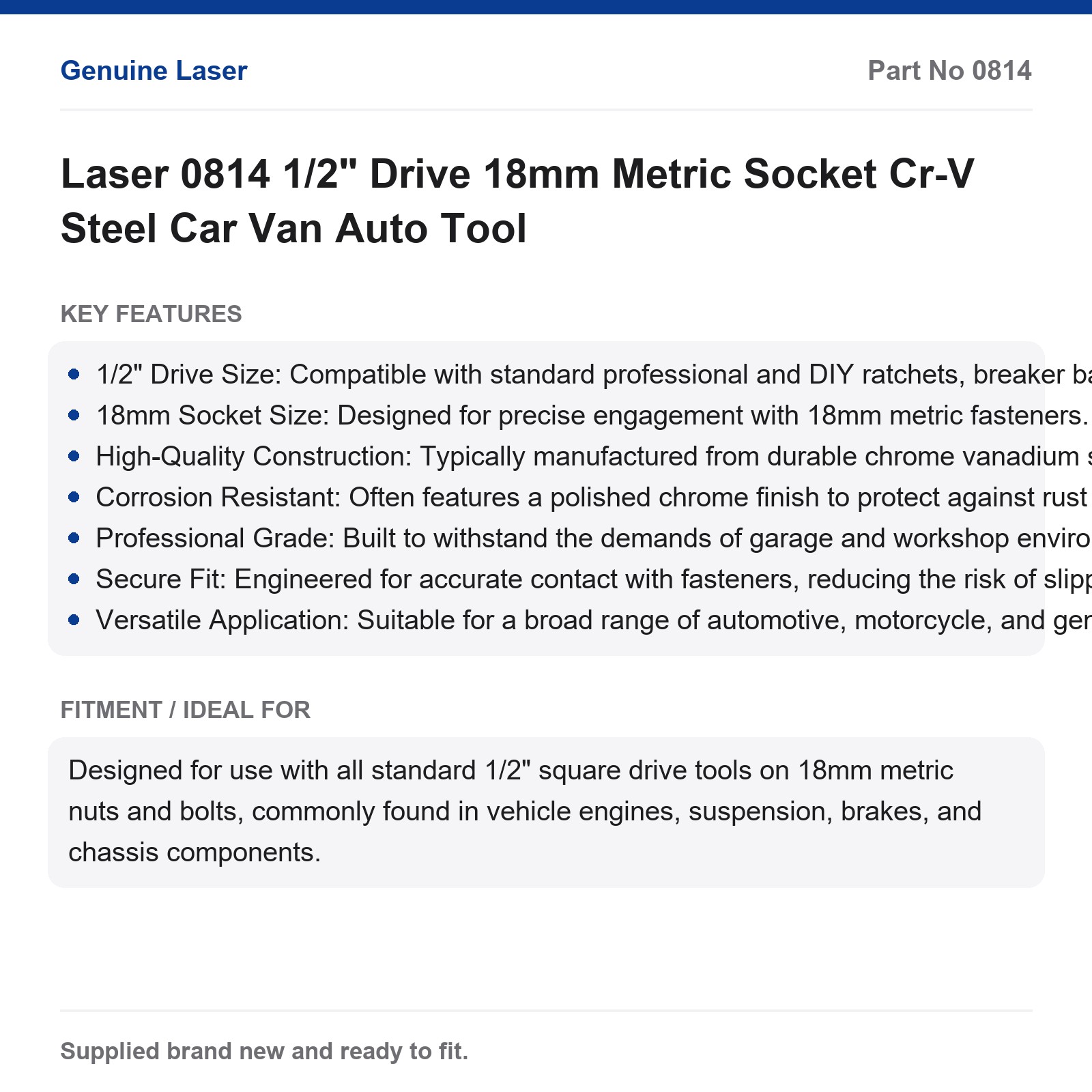 Laser 0814 1/2" Drive 18mm Metric Socket Cr-V Steel Car Van Auto Tool - Image 3