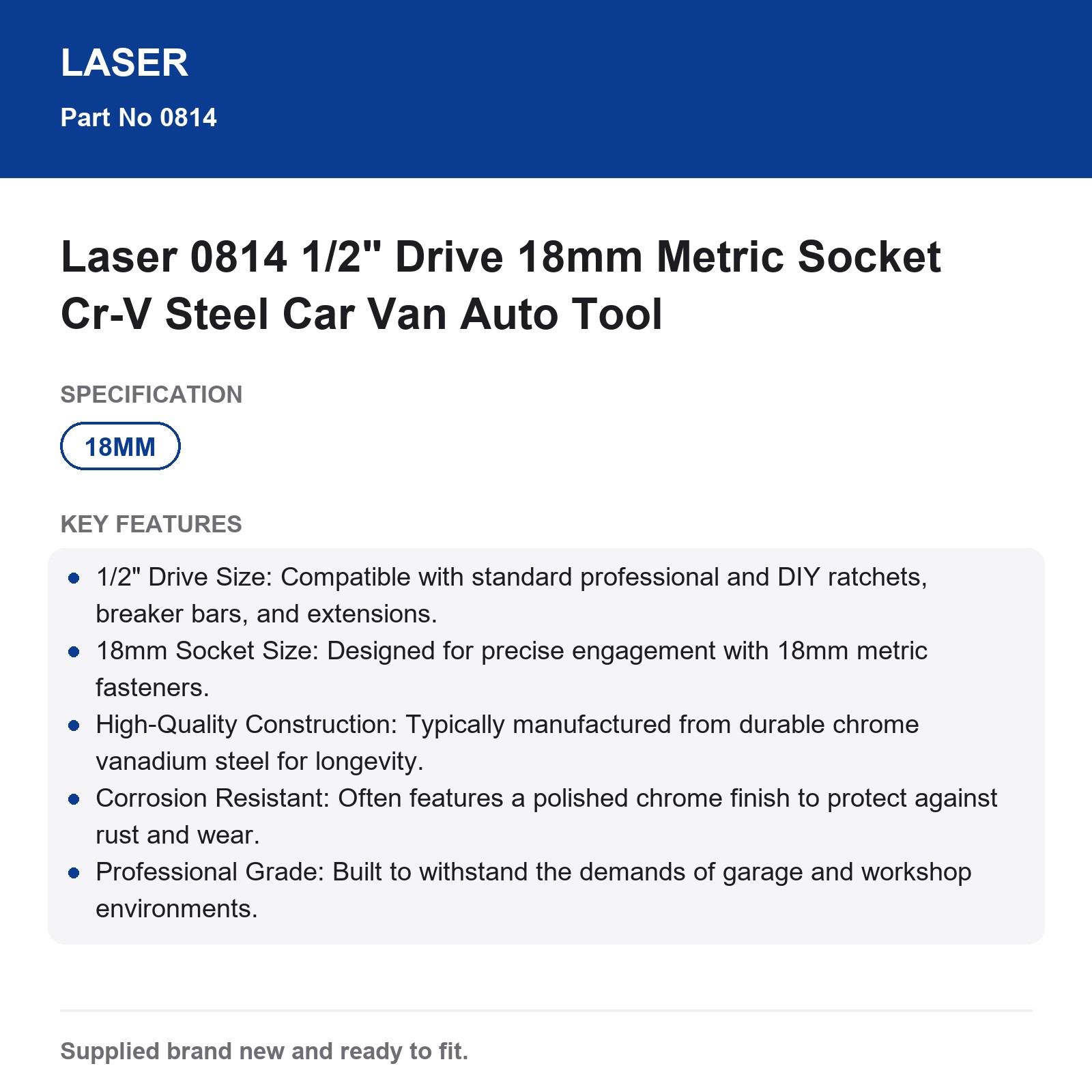 Laser 0814 1/2" Drive 18mm Metric Socket Cr-V Steel Car Van Auto Tool - Image 4