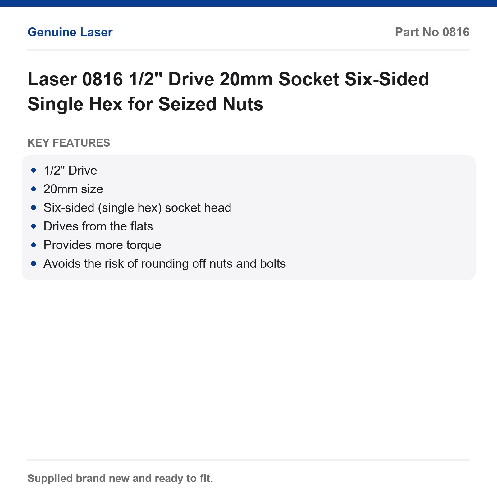 Laser 0816 1/2" Drive 20mm Socket Six-Sided Single Hex for Seized Nuts - Image 3
