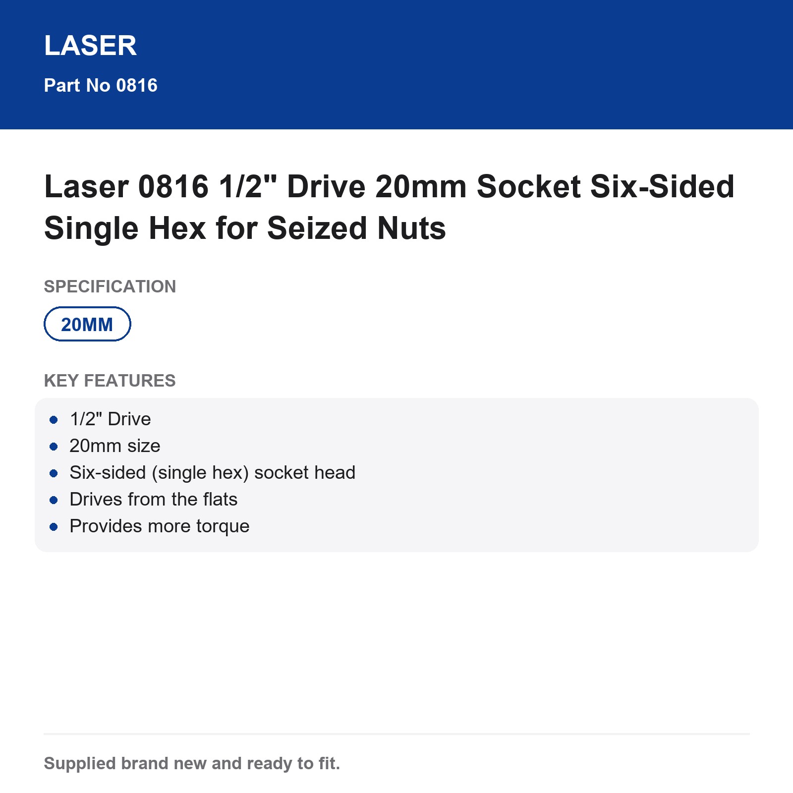 Laser 0816 1/2" Drive 20mm Socket Six-Sided Single Hex for Seized Nuts - Image 4